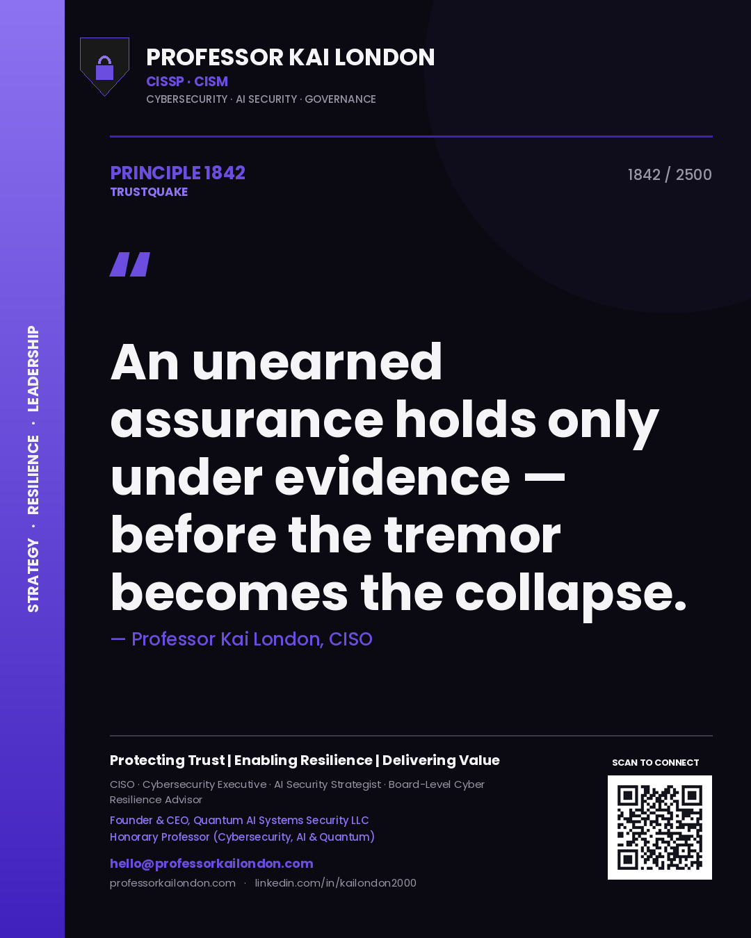 Quote card by Professor Kai London reading 'An unearned assurance holds only under evidence — before the tremor becomes the collapse.'. From the book Trustquake.