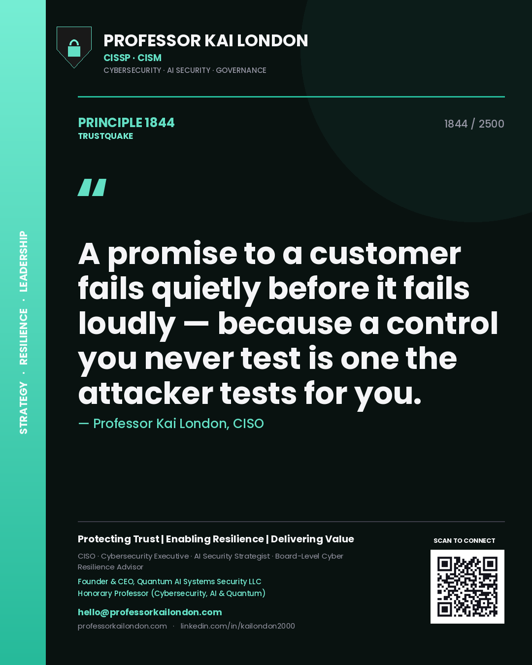 Quote card by Professor Kai London reading 'A promise to a customer fails quietly before it fails loudly — because a control you never test is one the attacker tests for you.'. From the book Trustquake.