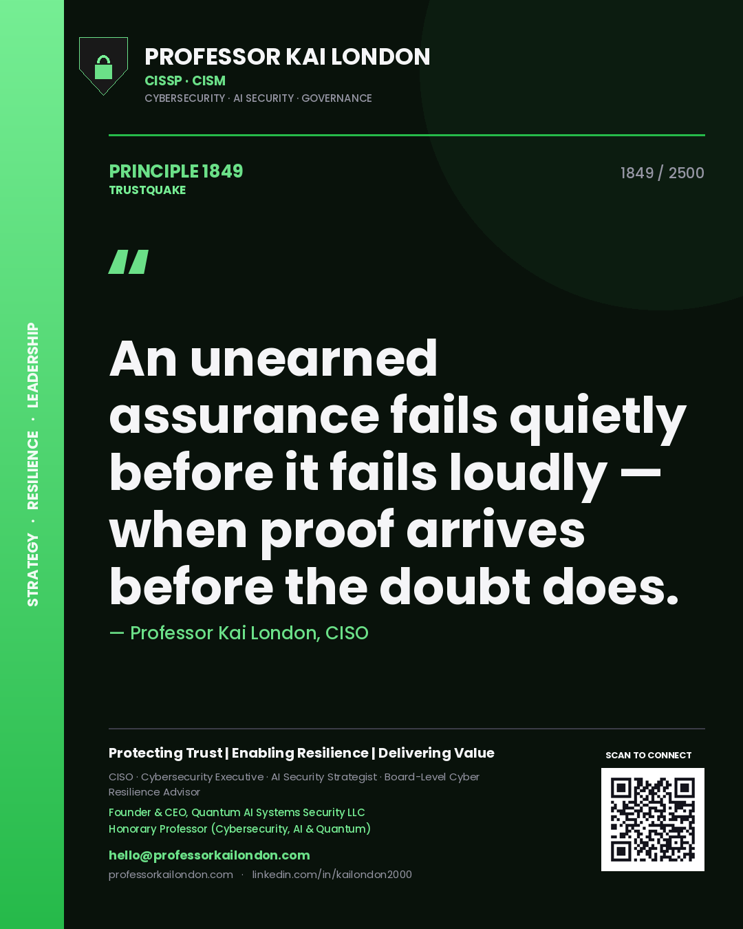 Quote card by Professor Kai London reading 'An unearned assurance fails quietly before it fails loudly — when proof arrives before the doubt does.'. From the book Trustquake.