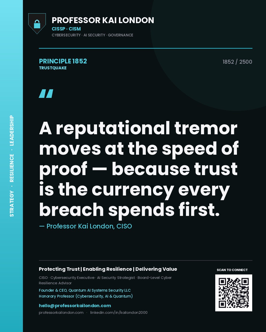 Quote card by Professor Kai London reading 'A reputational tremor moves at the speed of proof — because trust is the currency every breach spends first.'. From the book Trustquake.
