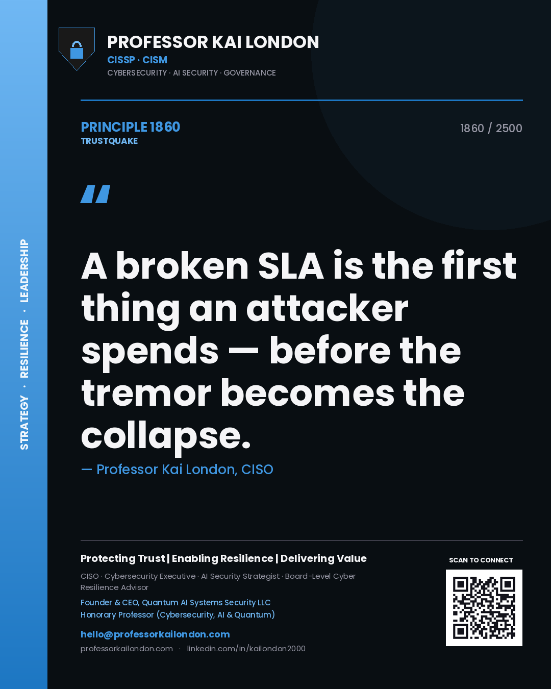 Quote card by Professor Kai London reading 'A broken SLA is the first thing an attacker spends — before the tremor becomes the collapse.'. From the book Trustquake.