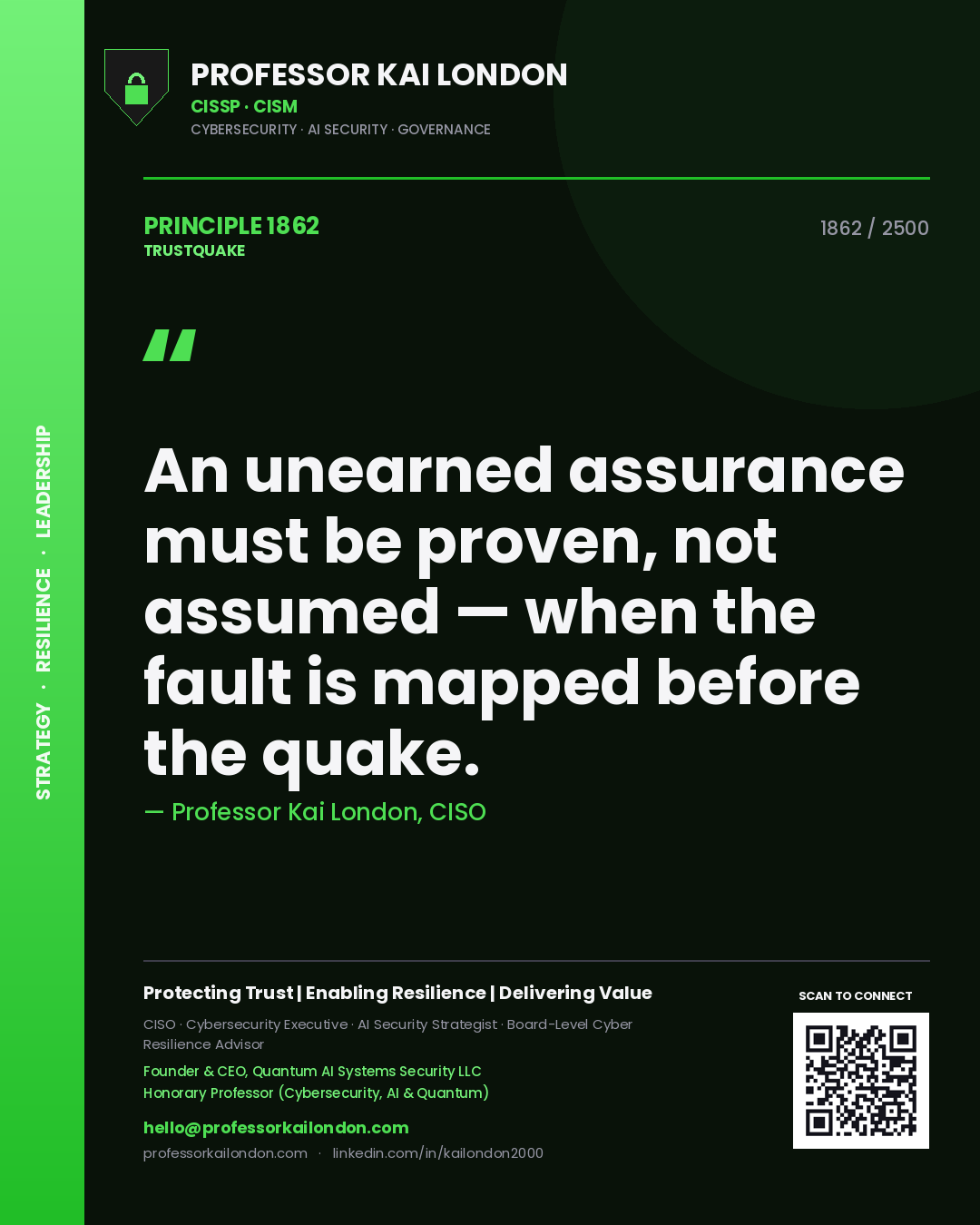 Quote card by Professor Kai London reading 'An unearned assurance must be proven, not assumed — when the fault is mapped before the quake.'. From the book Trustquake.