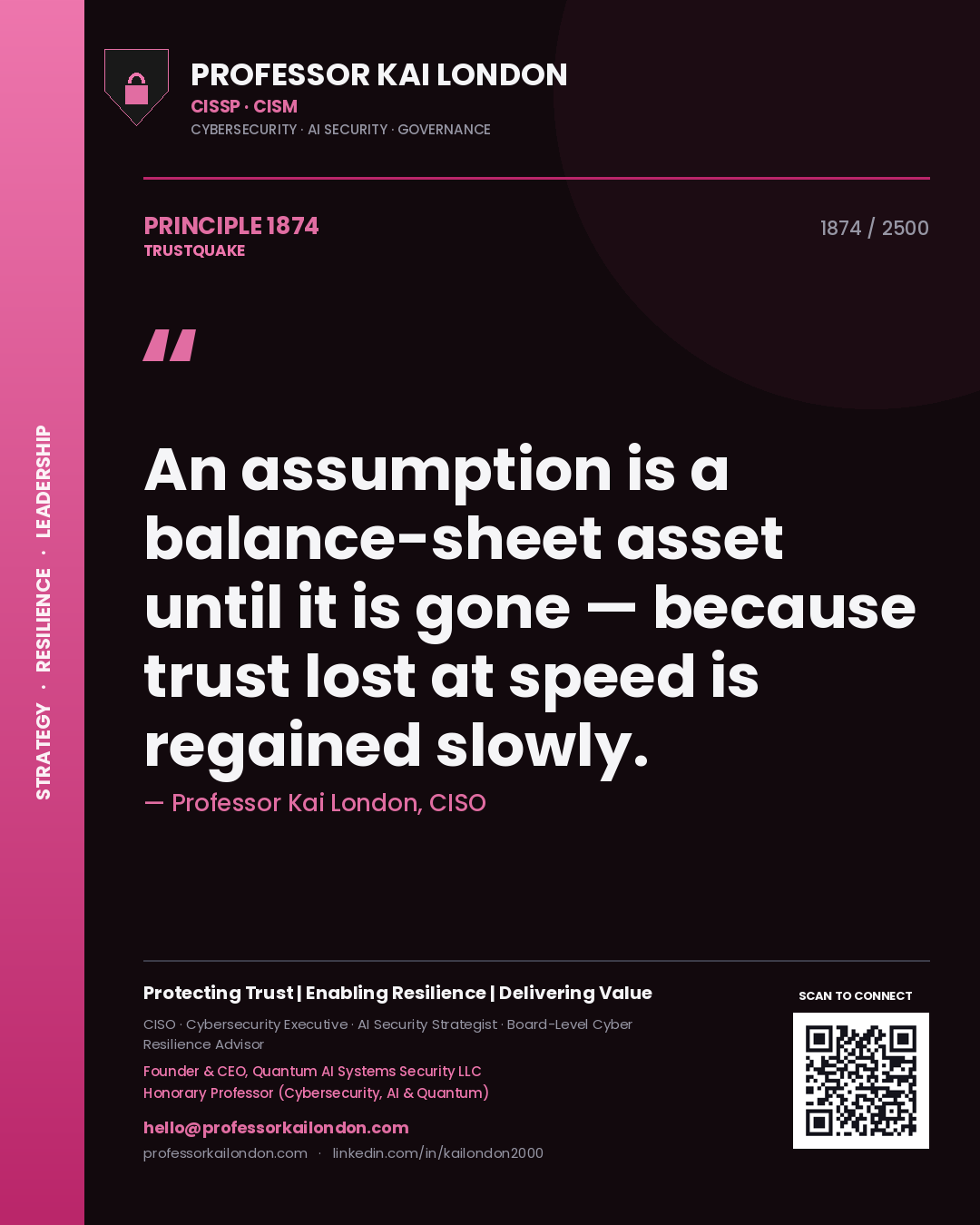 Quote card by Professor Kai London reading 'An assumption is a balance-sheet asset until it is gone — because trust lost at speed is regained slowly.'. From the book Trustquake.