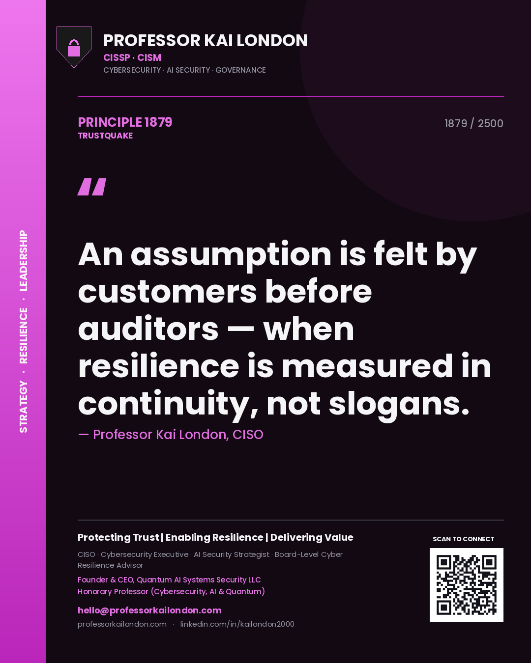 Quote card by Professor Kai London reading 'An assumption is felt by customers before auditors — when resilience is measured in continuity, not slogans.'. From the book Trustquake.