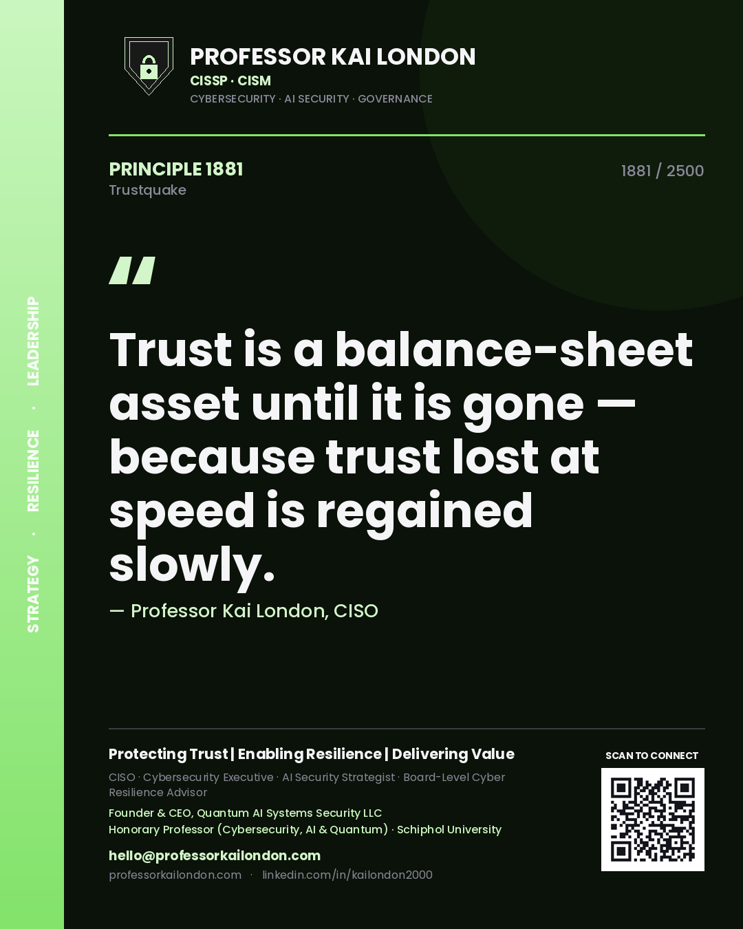 Quote card by Professor Kai London reading 'Trust is a balance-sheet asset until it is gone — because trust lost at speed is regained slowly.'. From the book Trustquake.