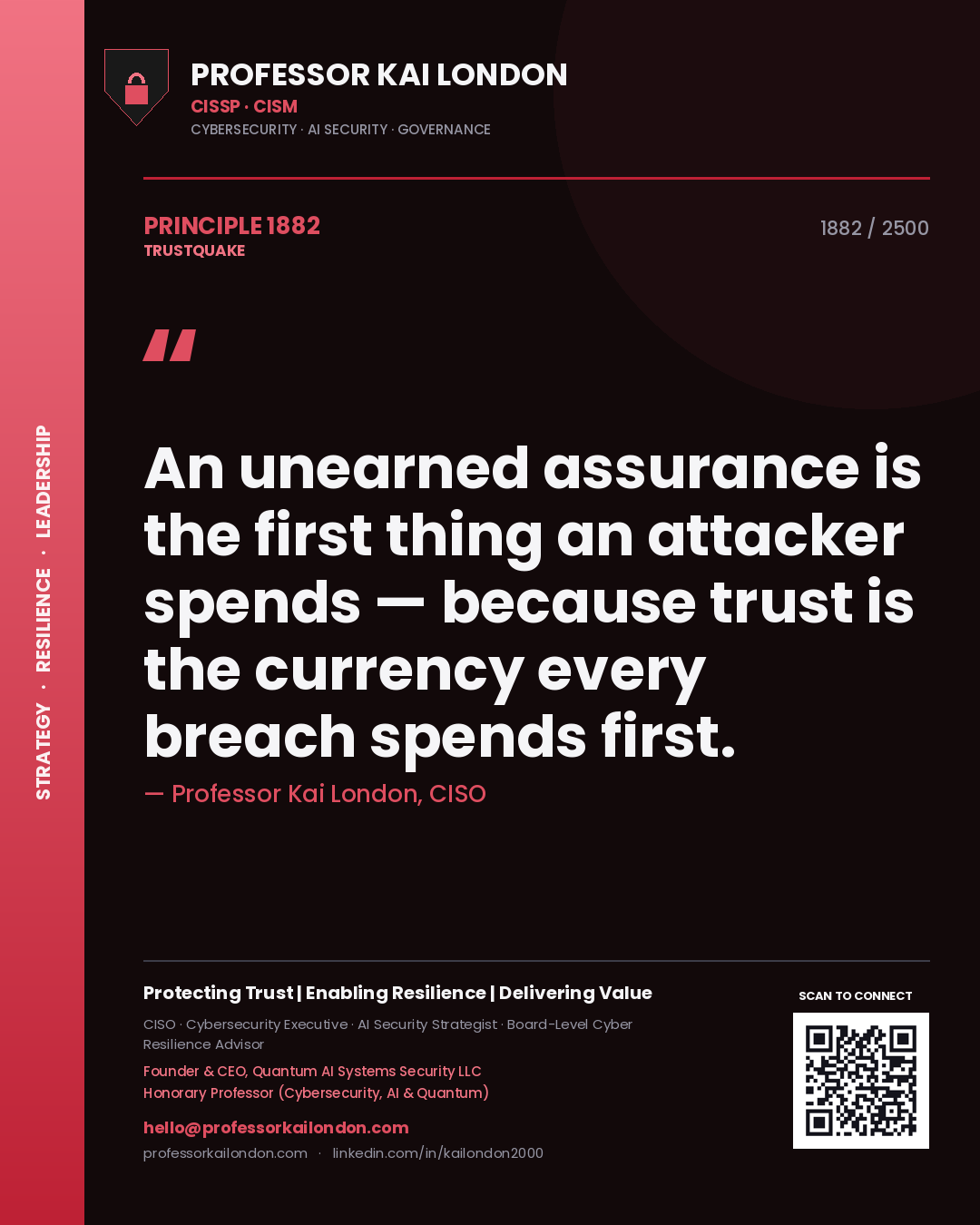 Quote card by Professor Kai London reading 'An unearned assurance is the first thing an attacker spends — because trust is the currency every breach spends first.'. From the book Trustquake.