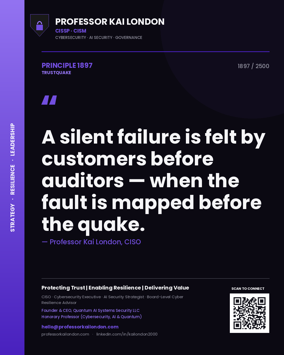 Quote card by Professor Kai London reading 'A silent failure is felt by customers before auditors — when the fault is mapped before the quake.'. From the book Trustquake.