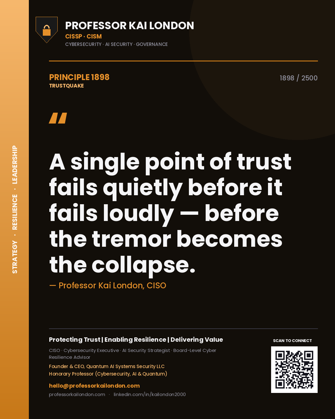 Quote card by Professor Kai London reading 'A single point of trust fails quietly before it fails loudly — before the tremor becomes the collapse.'. From the book Trustquake.
