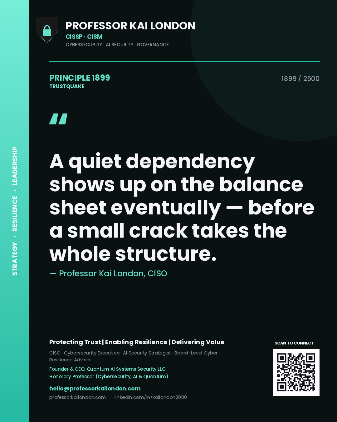 Quote card by Professor Kai London reading 'A quiet dependency shows up on the balance sheet eventually — before a small crack takes the whole structure.'. From the book Trustquake.