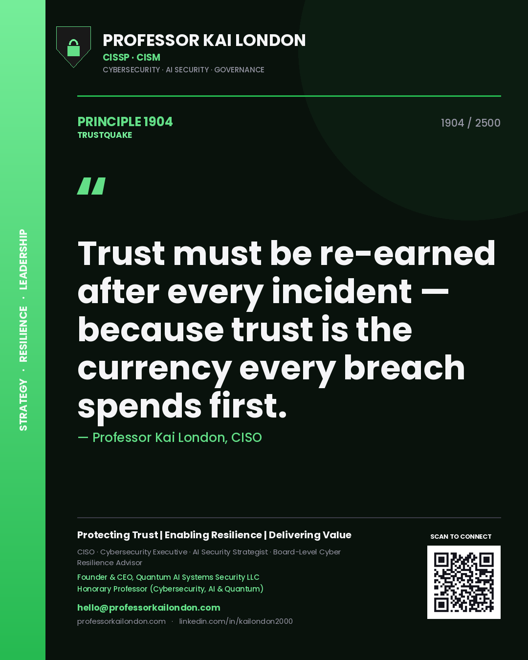 Quote card by Professor Kai London reading 'Trust must be re-earned after every incident — because trust is the currency every breach spends first.'. From the book Trustquake.