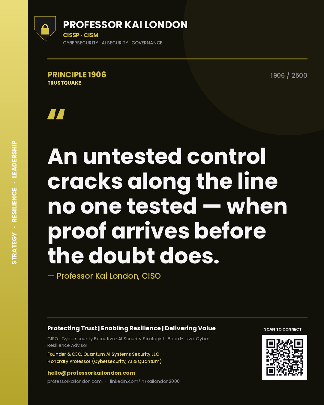 Quote card by Professor Kai London reading 'An untested control cracks along the line no one tested — when proof arrives before the doubt does.'. From the book Trustquake.