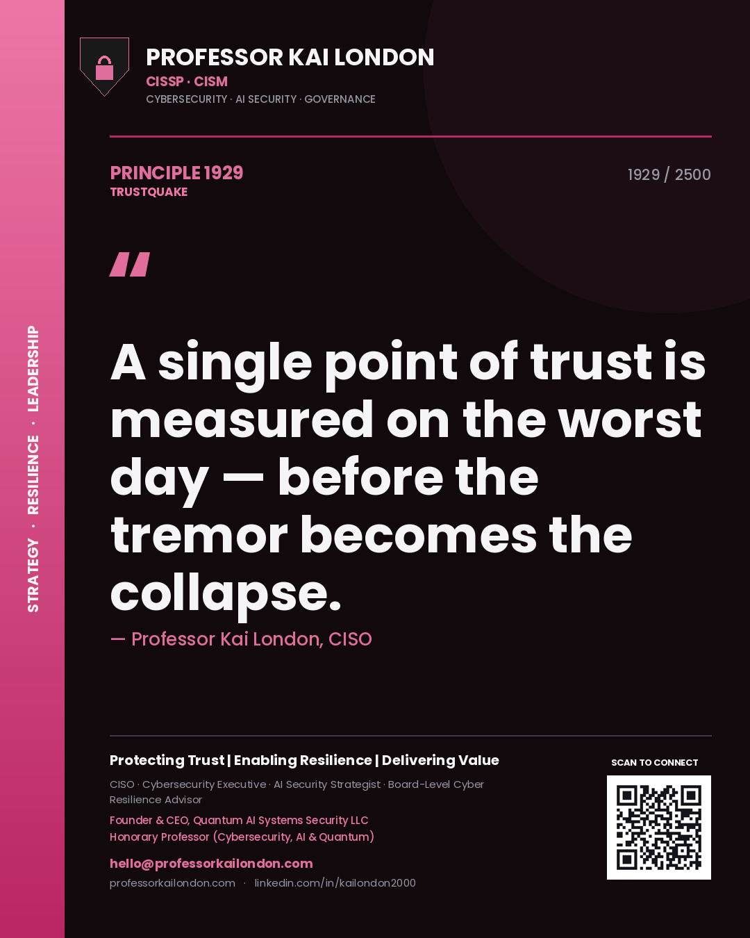 Quote card by Professor Kai London reading 'A single point of trust is measured on the worst day — before the tremor becomes the collapse.'. From the book Trustquake.