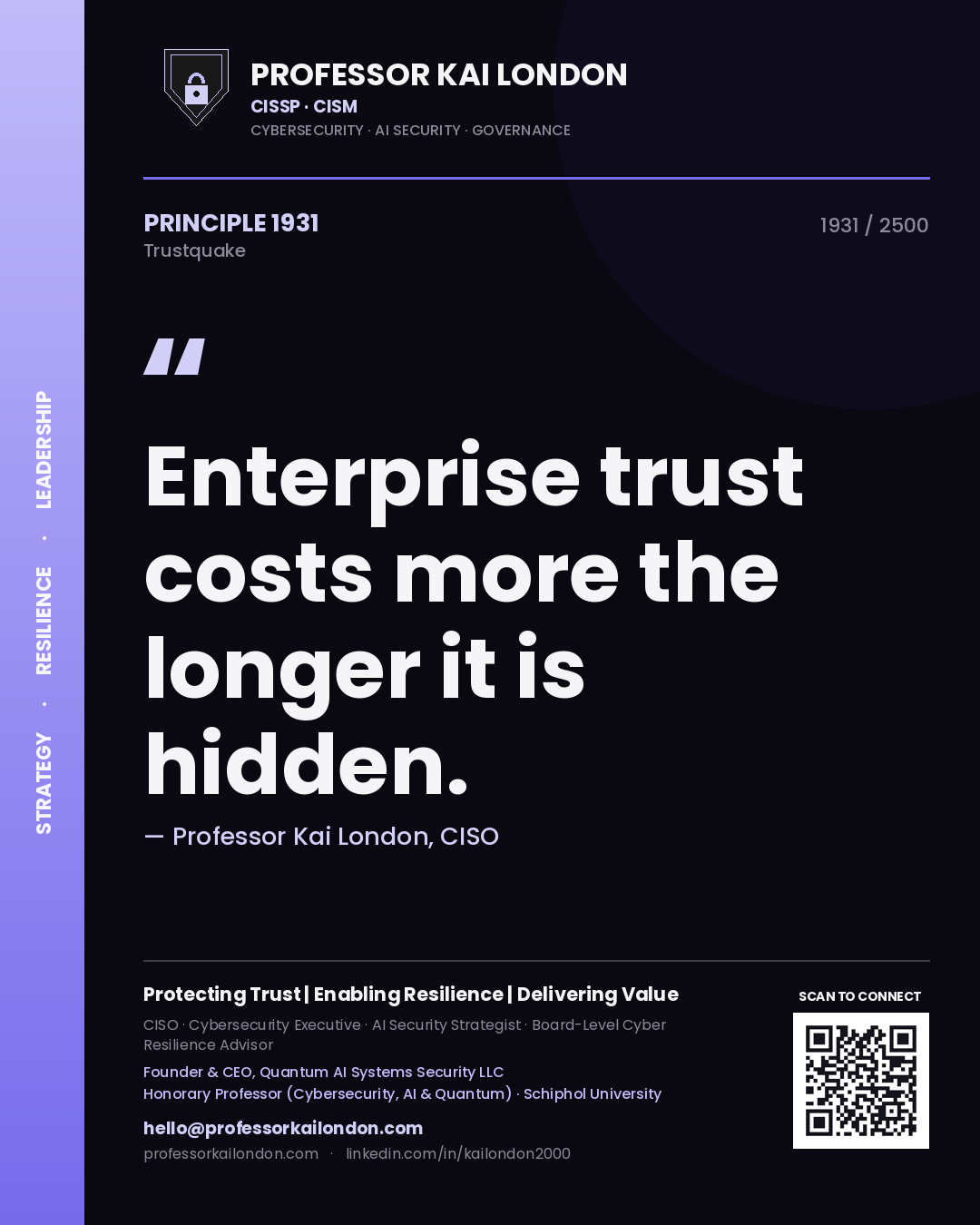 Quote card by Professor Kai London reading 'Enterprise trust costs more the longer it is hidden.'. From the book Trustquake.