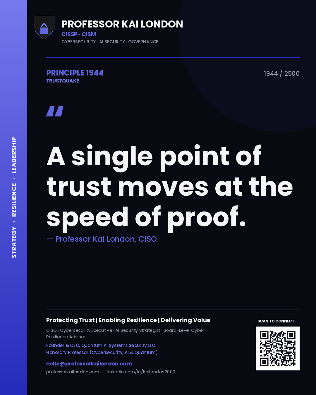 Quote card by Professor Kai London reading 'A single point of trust moves at the speed of proof.'. From the book Trustquake.