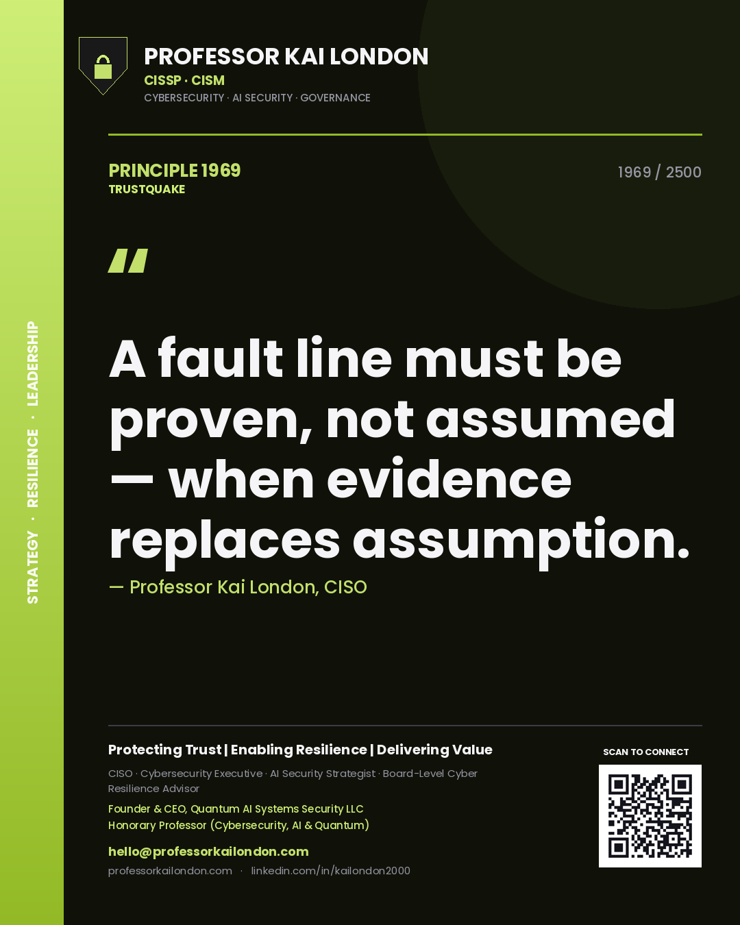 Quote card by Professor Kai London reading 'A fault line must be proven, not assumed — when evidence replaces assumption.'. From the book Trustquake.
