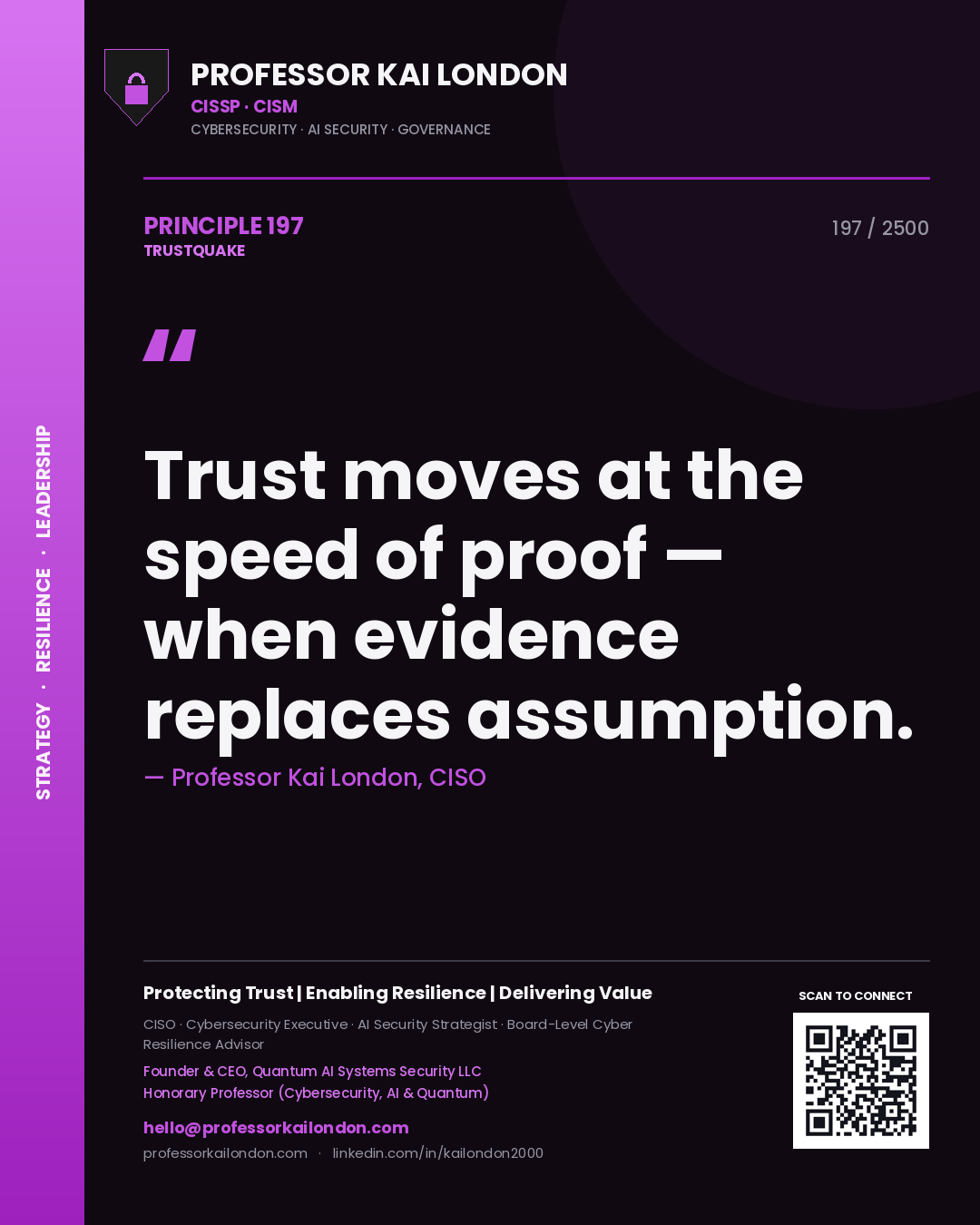 Professor Kai London principle 197: Trust moves at the speed of proof — when evidence replaces assumption.