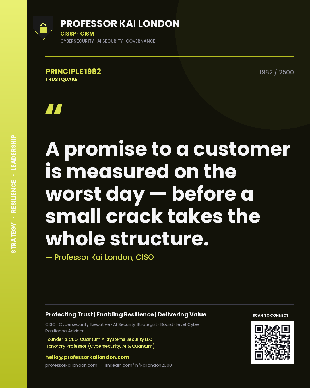 Professor Kai London principle 1982: A promise to a customer is measured on the worst day — before a small crack takes the whole structure.