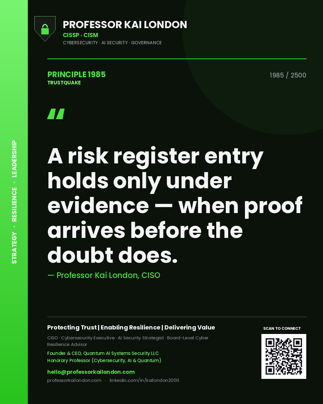 Professor Kai London principle 1985: A risk register entry holds only under evidence — when proof arrives before the doubt does.