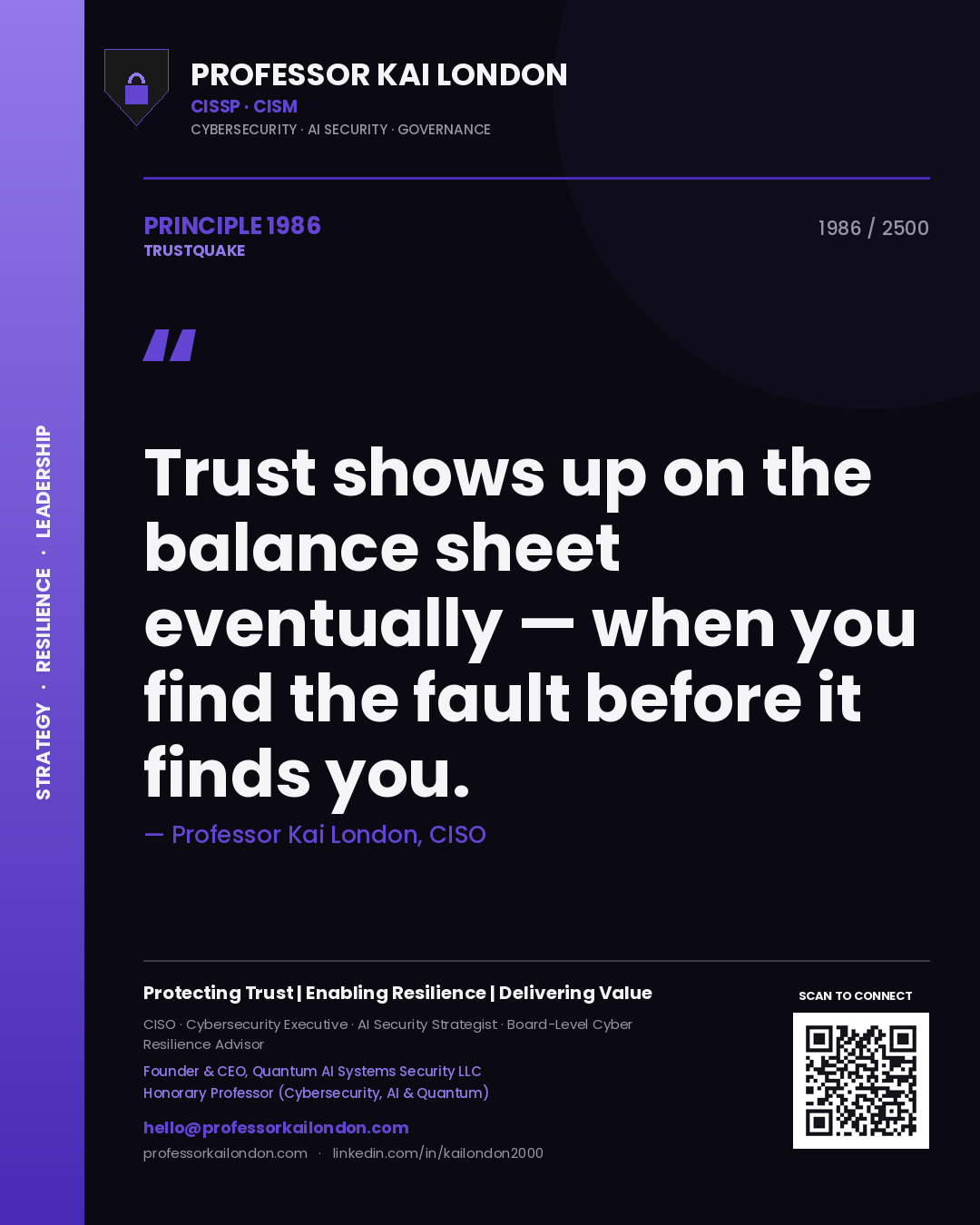 Professor Kai London principle 1986: Trust shows up on the balance sheet eventually — when you find the fault before it finds you.