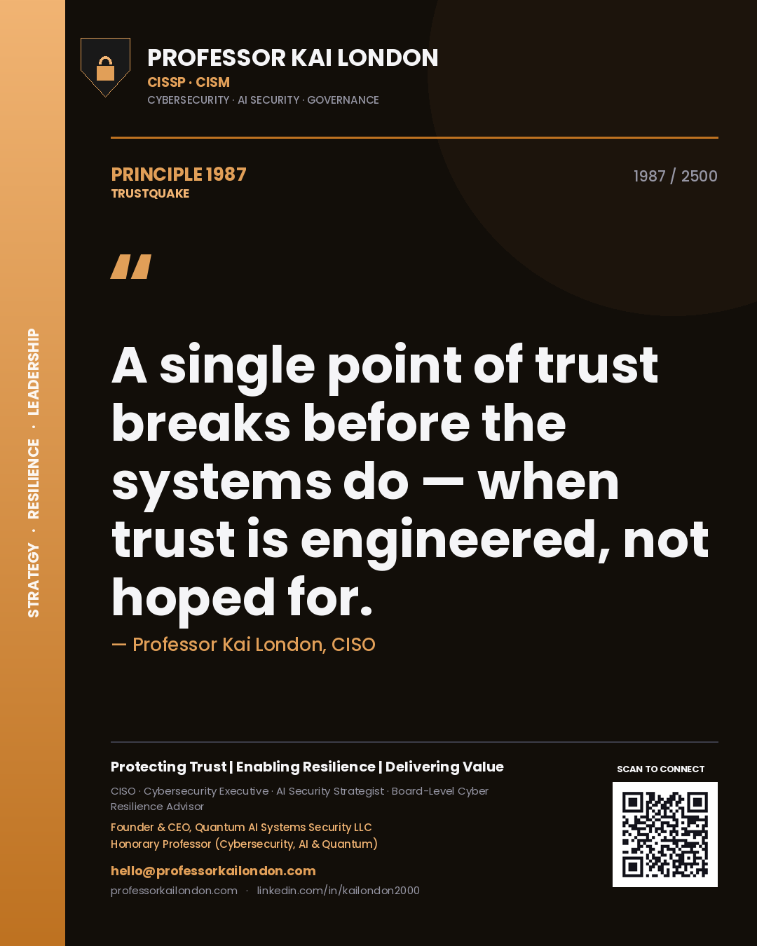 Quote card by Professor Kai London reading 'A single point of trust breaks before the systems do — when trust is engineered, not hoped for.'. From the book Trustquake.