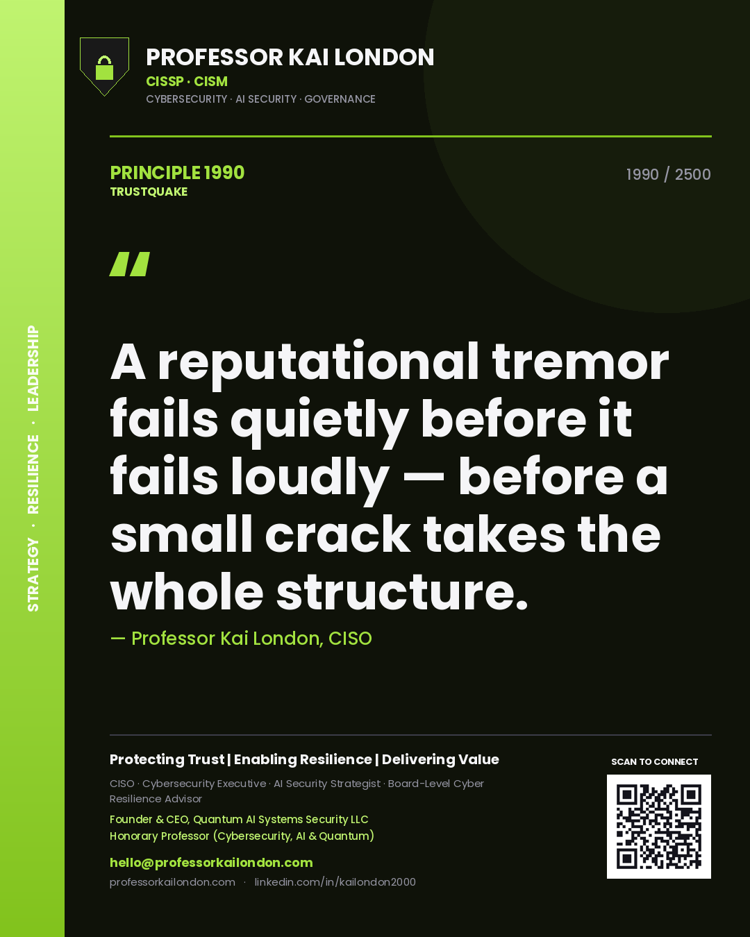 Quote card by Professor Kai London reading 'A reputational tremor fails quietly before it fails loudly — before a small crack takes the whole structure.'. From the book Trustquake.