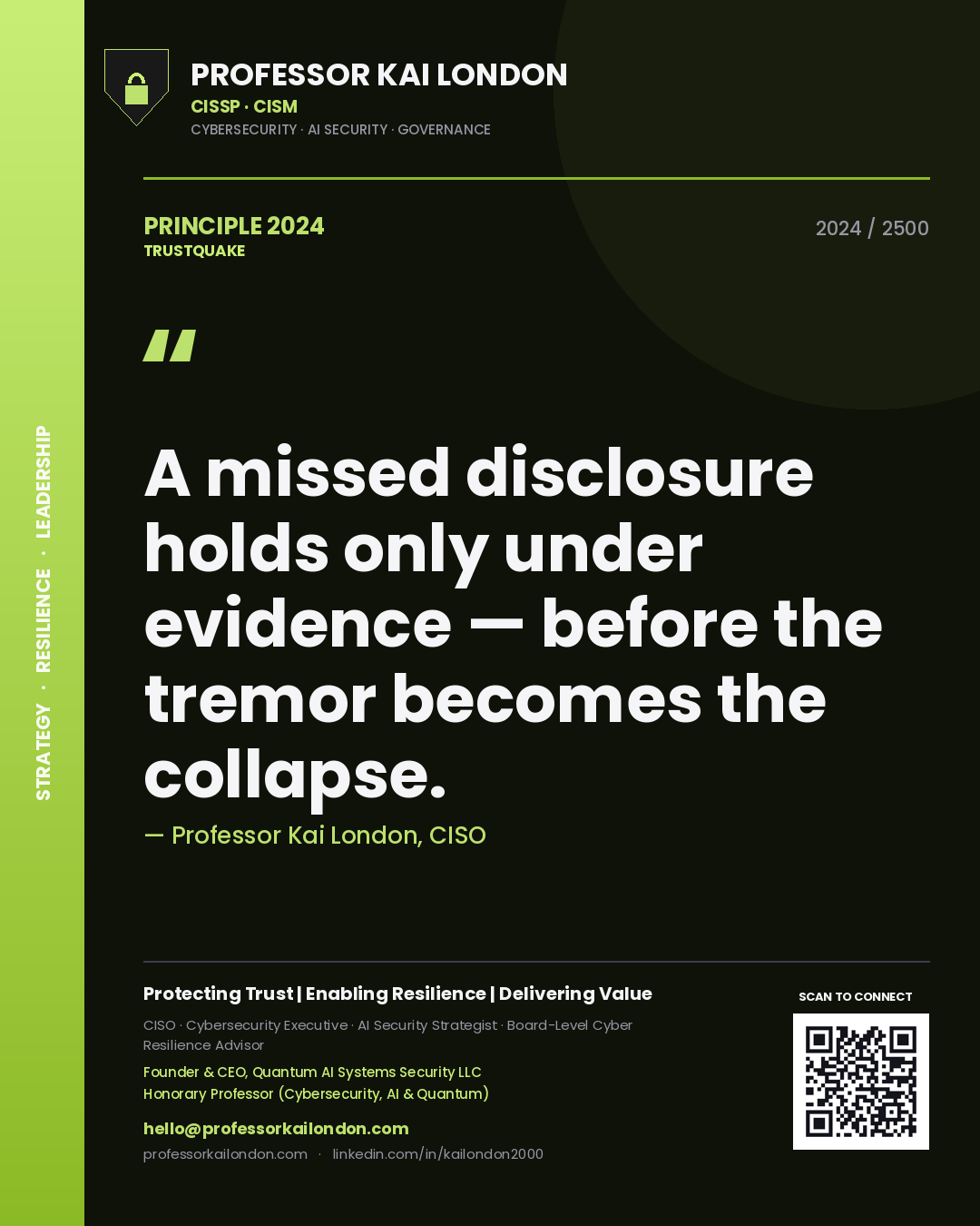 Quote card by Professor Kai London reading 'A missed disclosure holds only under evidence — before the tremor becomes the collapse.'. From the book Trustquake.