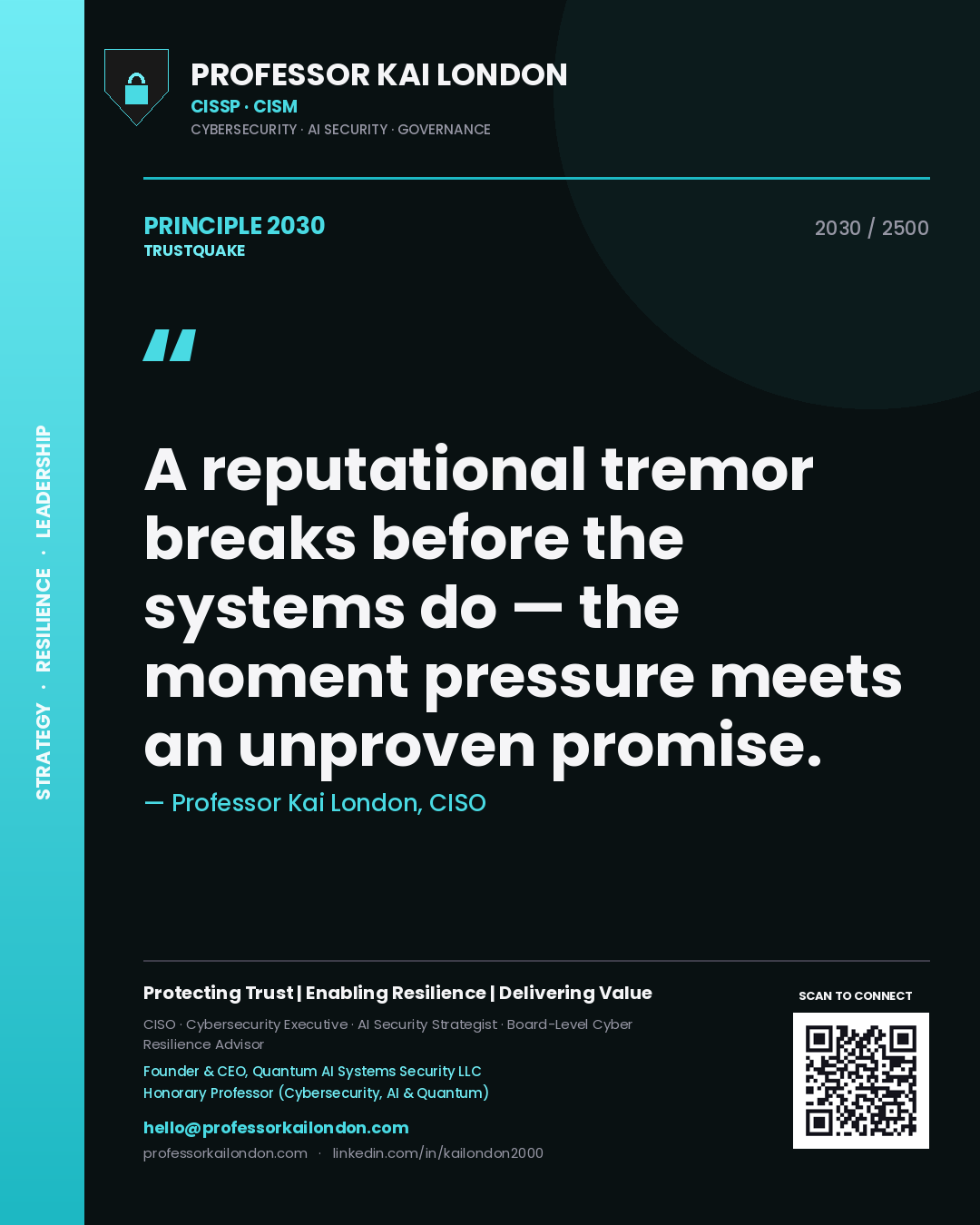 Quote card by Professor Kai London reading 'A reputational tremor breaks before the systems do — the moment pressure meets an unproven promise.'. From the book Trustquake.