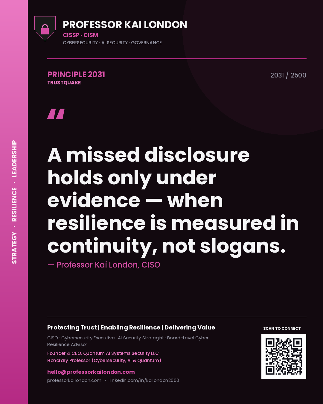 Quote card by Professor Kai London reading 'A missed disclosure holds only under evidence — when resilience is measured in continuity, not slogans.'. From the book Trustquake.