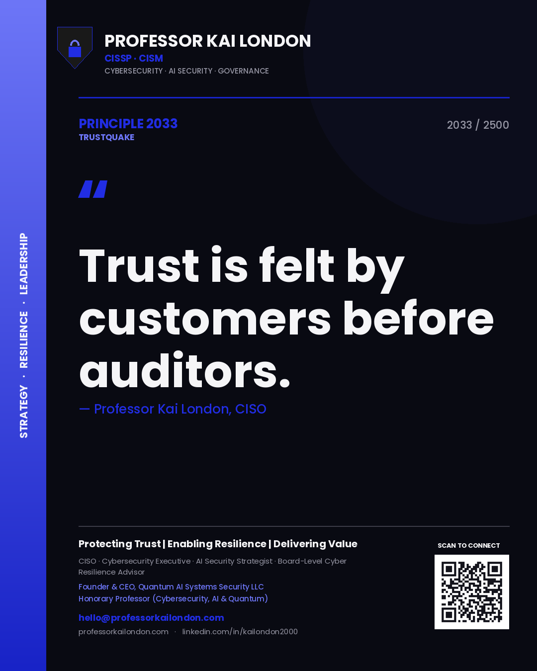 Professor Kai London principle 2033: Trust is felt by customers before auditors.