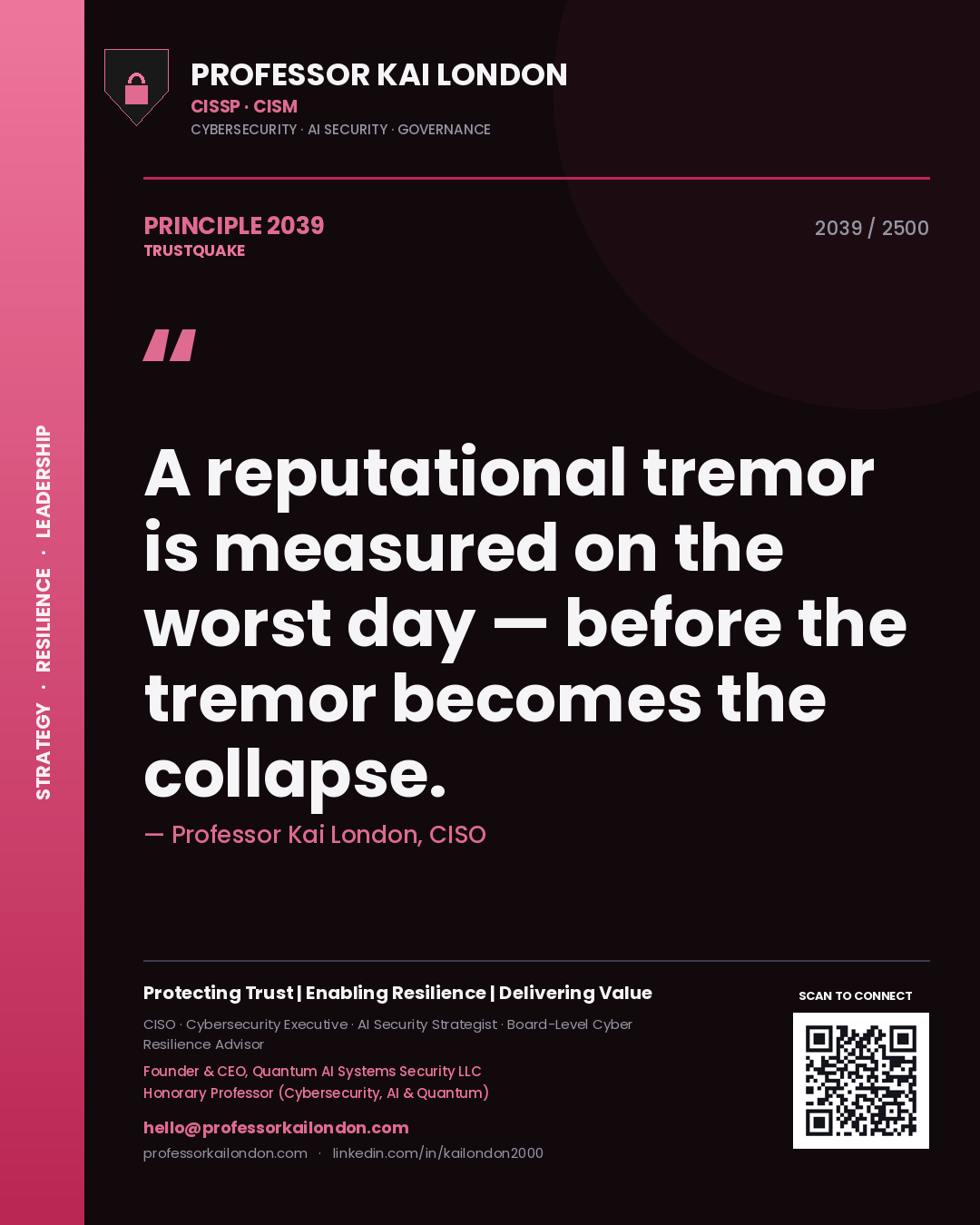 Quote card by Professor Kai London reading 'A reputational tremor is measured on the worst day — before the tremor becomes the collapse.'. From the book Trustquake.