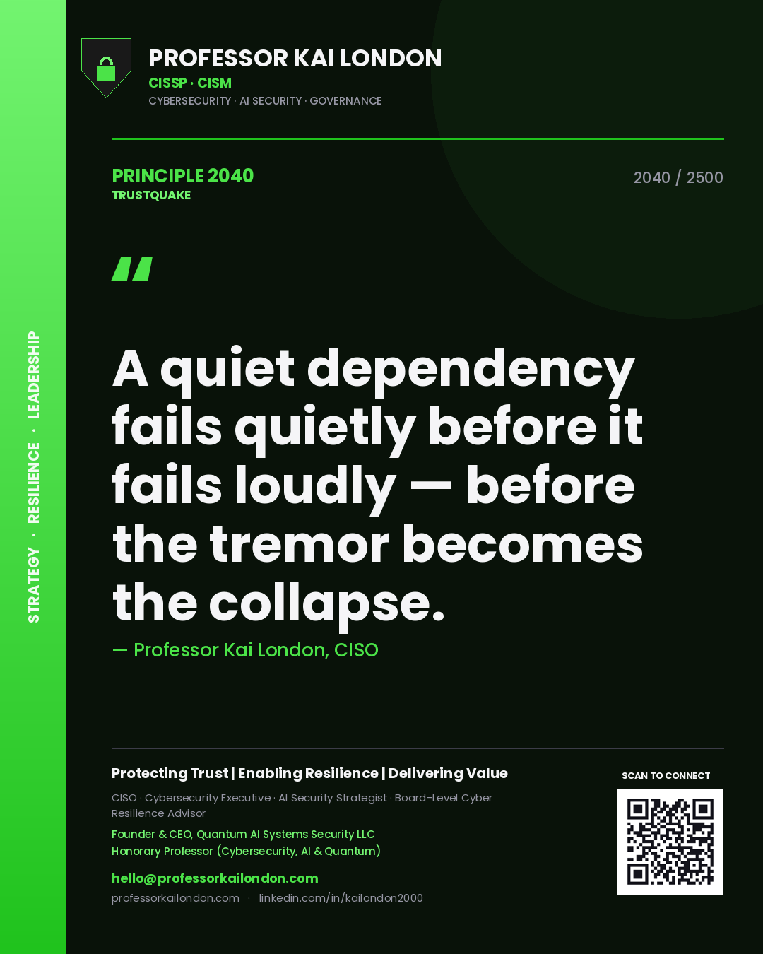 Quote card by Professor Kai London reading 'A quiet dependency fails quietly before it fails loudly — before the tremor becomes the collapse.'. From the book Trustquake.