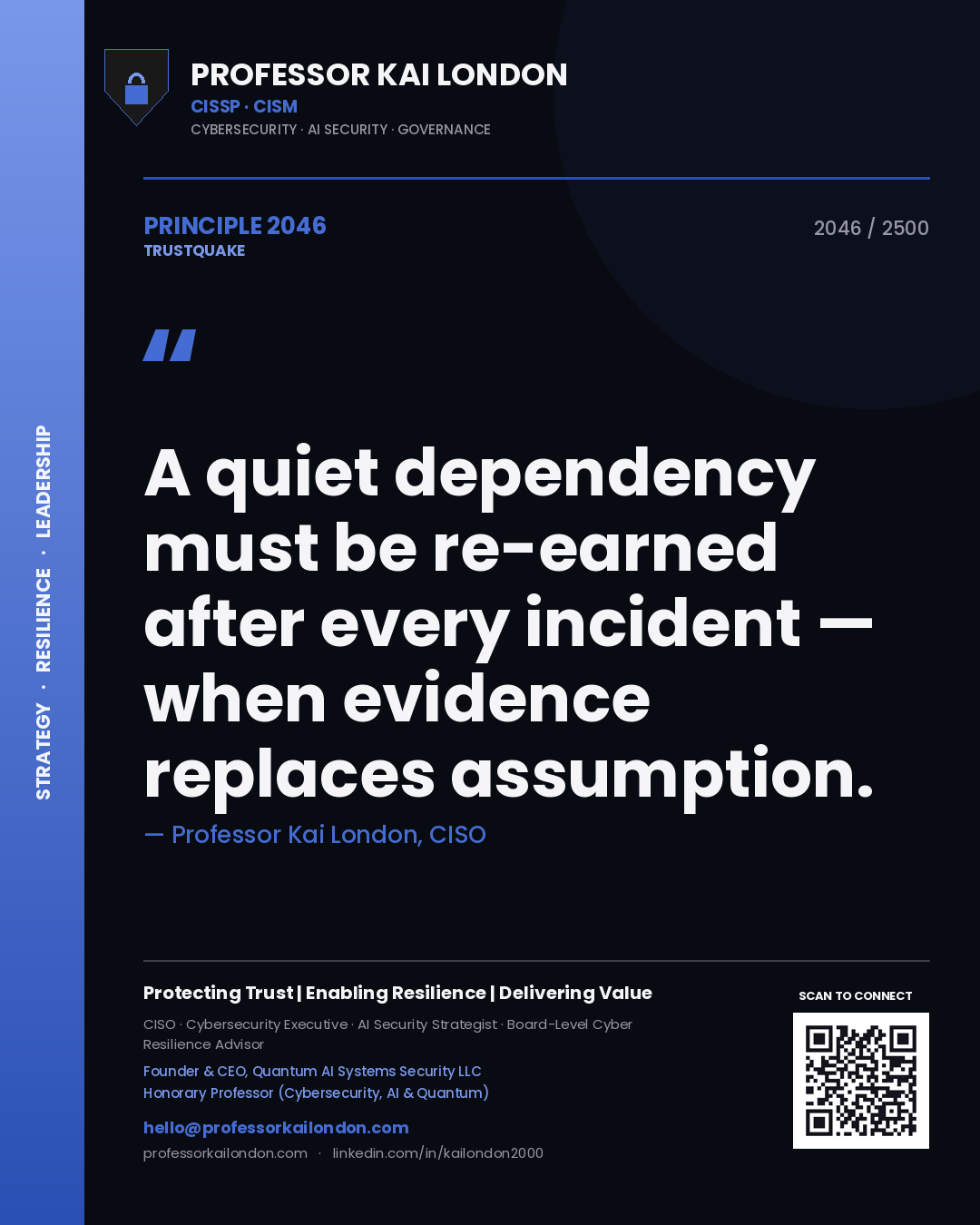 Quote card by Professor Kai London reading 'A quiet dependency must be re-earned after every incident — when evidence replaces assumption.'. From the book Trustquake.