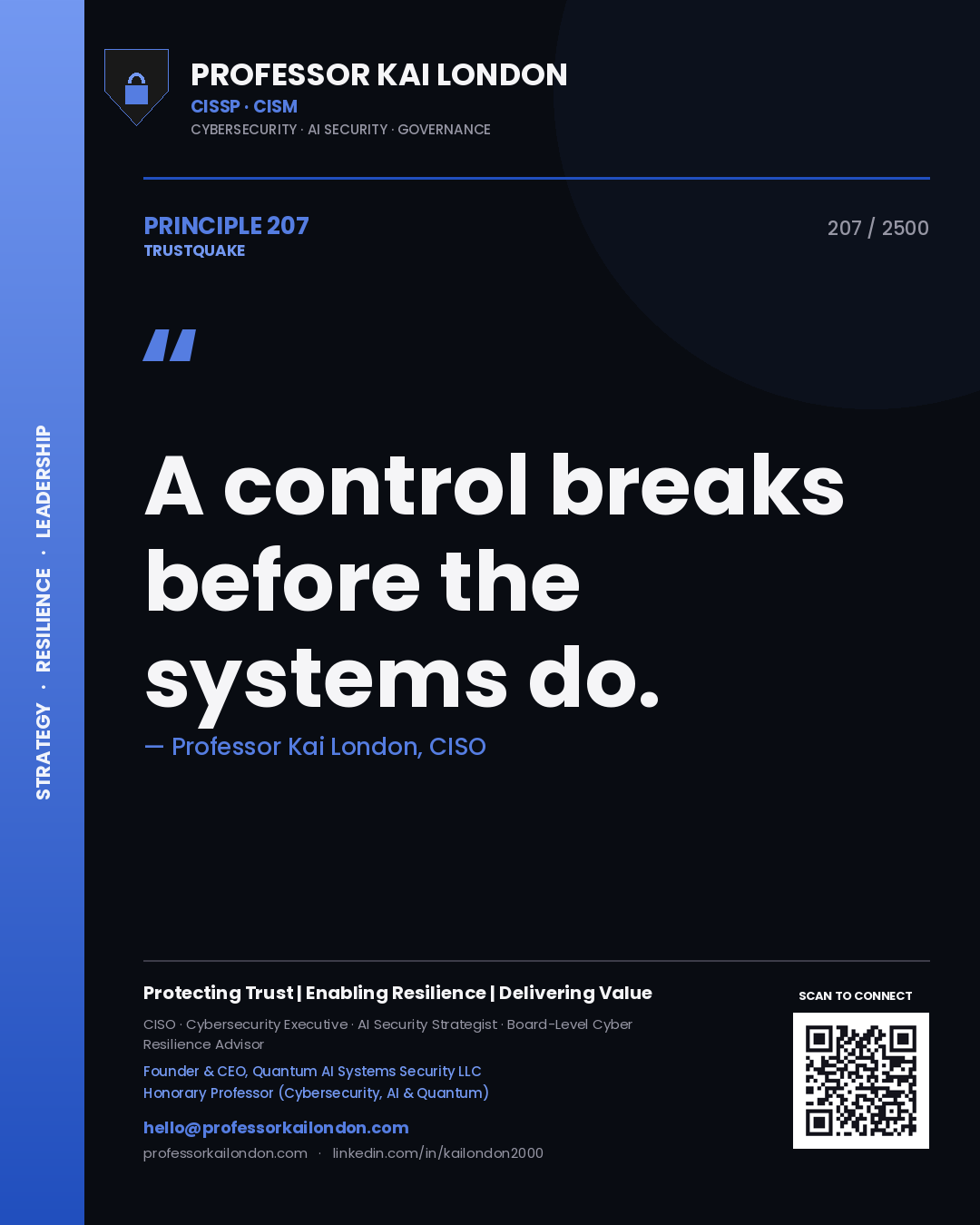 Quote card by Professor Kai London reading 'A control breaks before the systems do.'. From the book Trustquake.