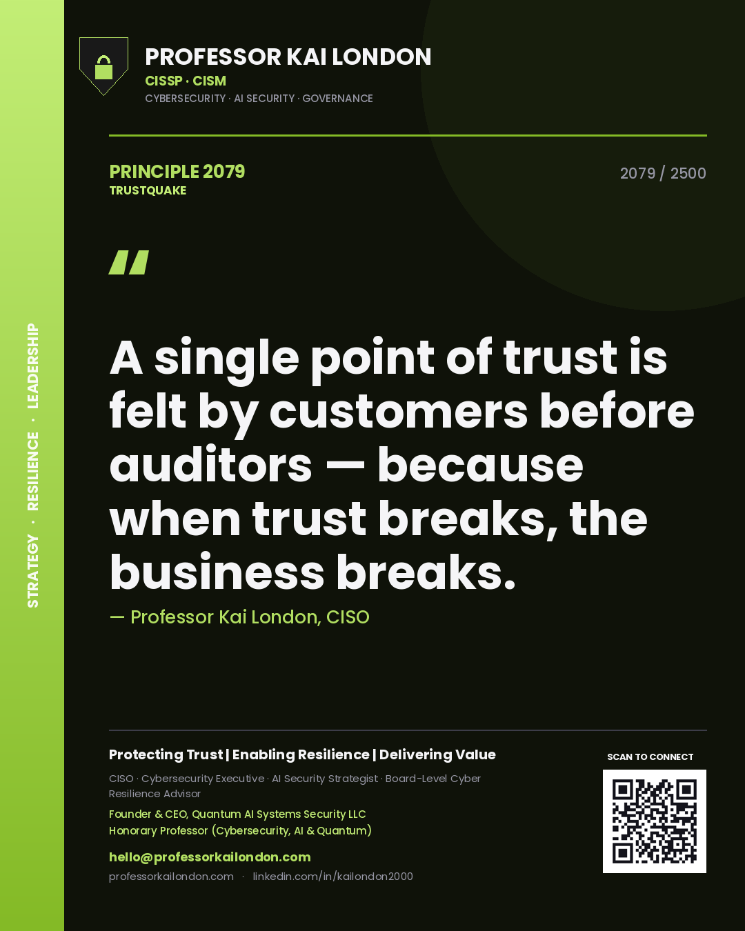 Professor Kai London principle 2079: A single point of trust is felt by customers before auditors — because when trust breaks, the business breaks.