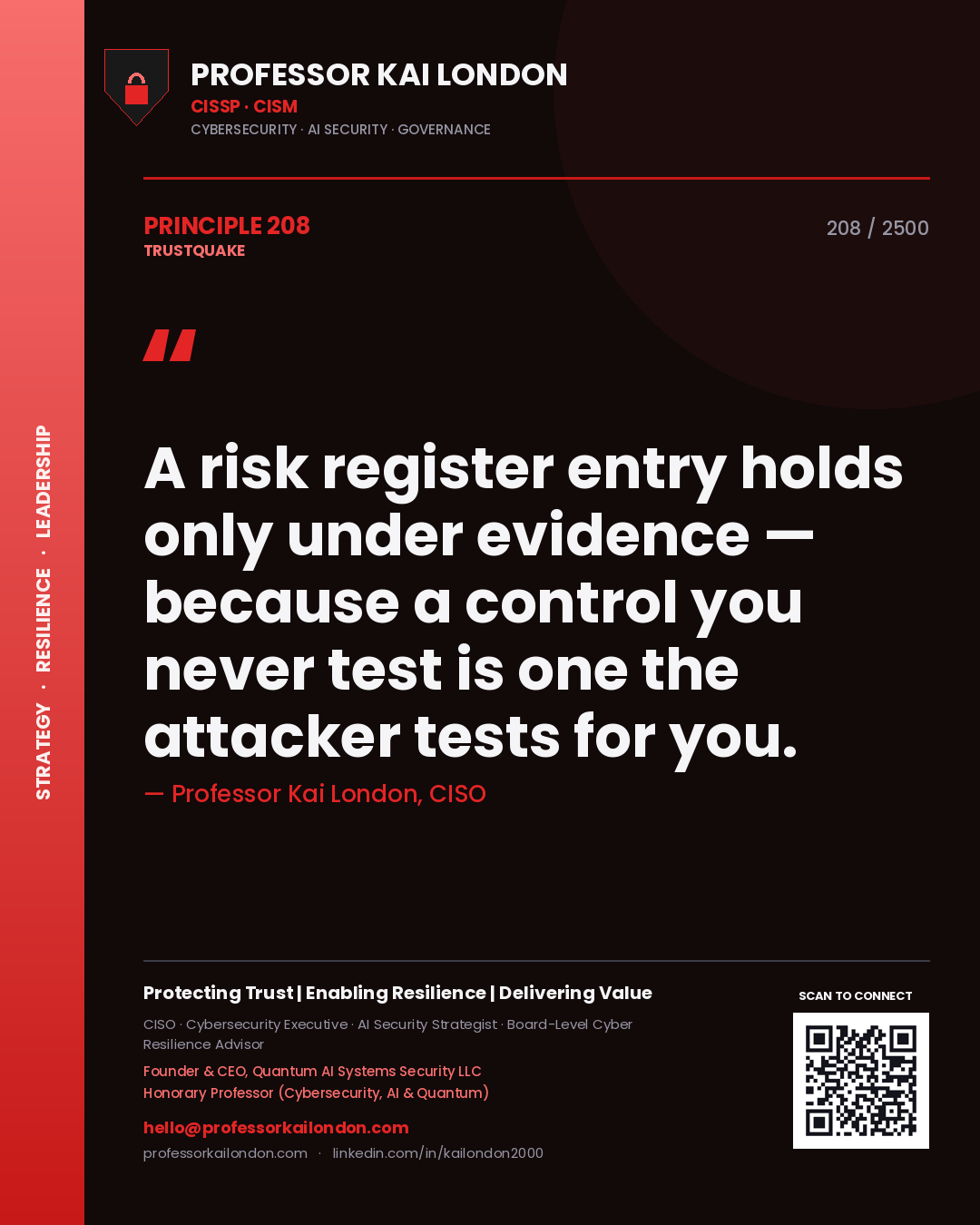 Professor Kai London principle 208: A risk register entry holds only under evidence — because a control you never test is one the attacker tests for you.