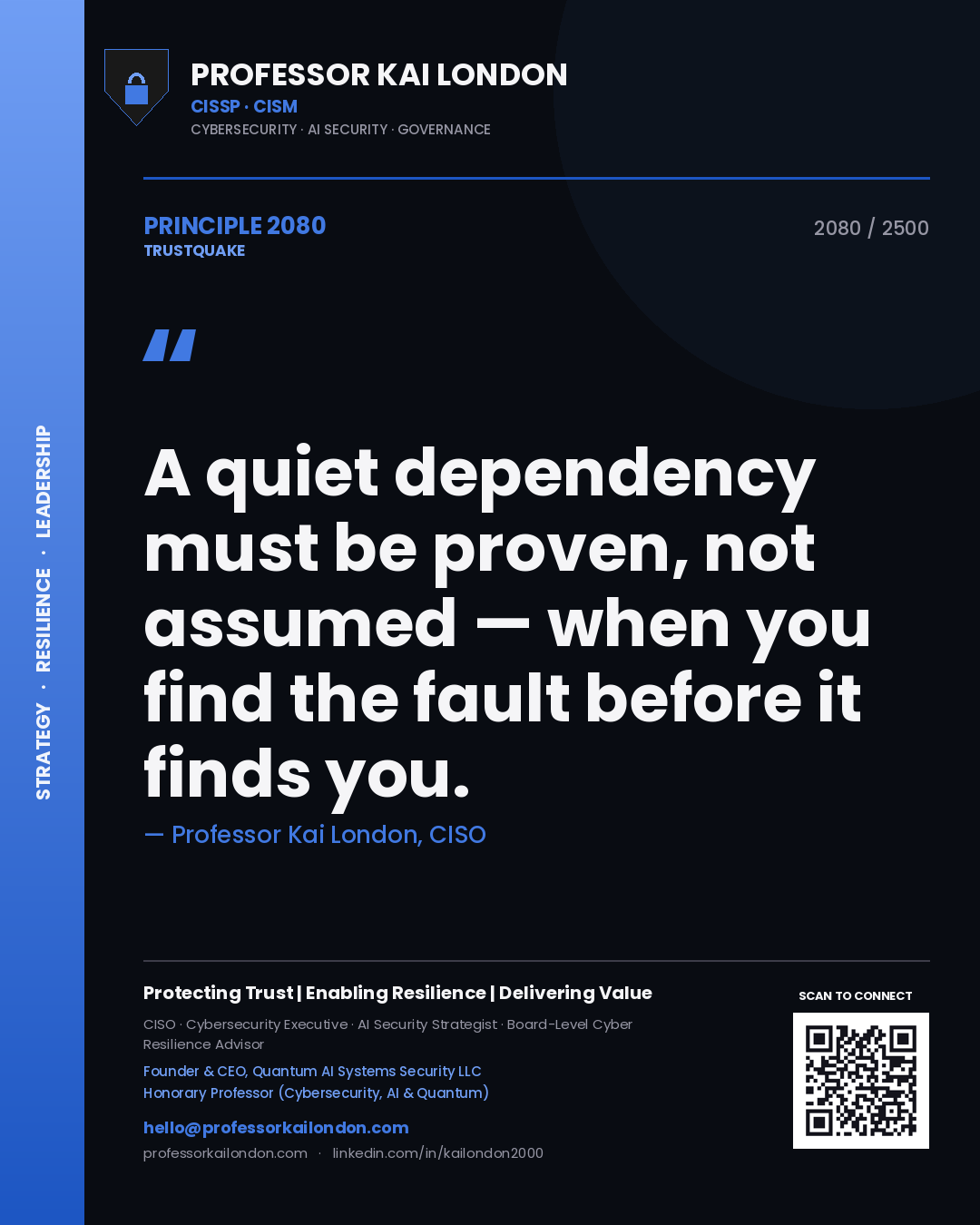 Quote card by Professor Kai London reading 'A quiet dependency must be proven, not assumed — when you find the fault before it finds you.'. From the book Trustquake.