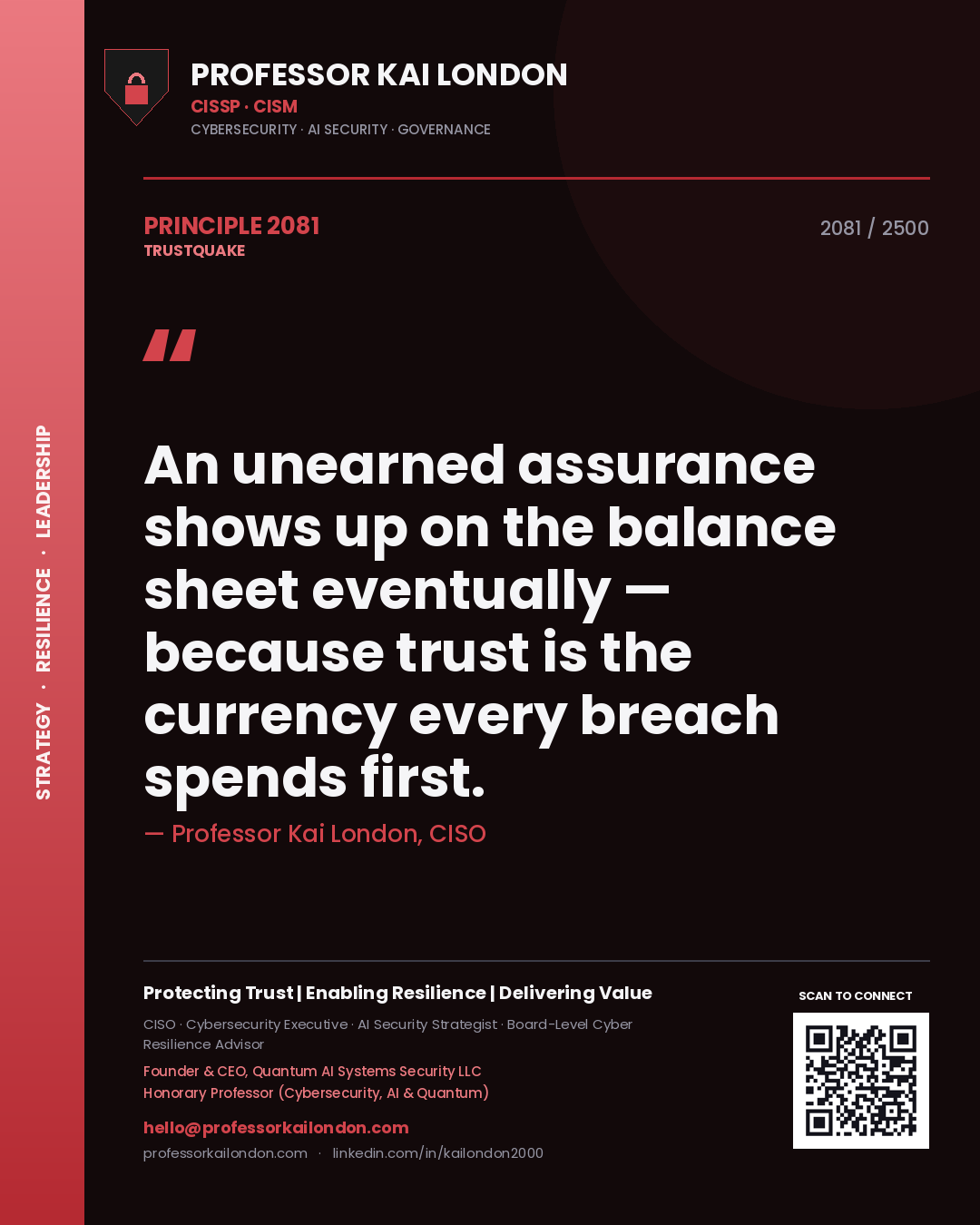 Quote card by Professor Kai London reading 'An unearned assurance shows up on the balance sheet eventually — because trust is the currency every breach spends first.'. From the book Trustquake.