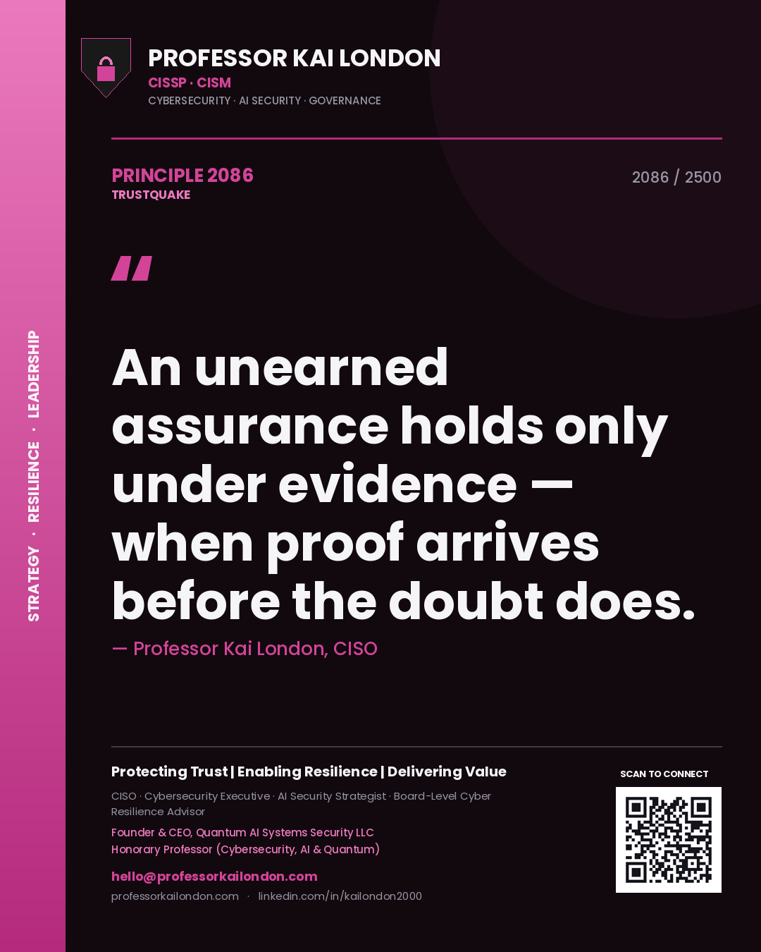 Quote card by Professor Kai London reading 'An unearned assurance holds only under evidence — when proof arrives before the doubt does.'. From the book Trustquake.