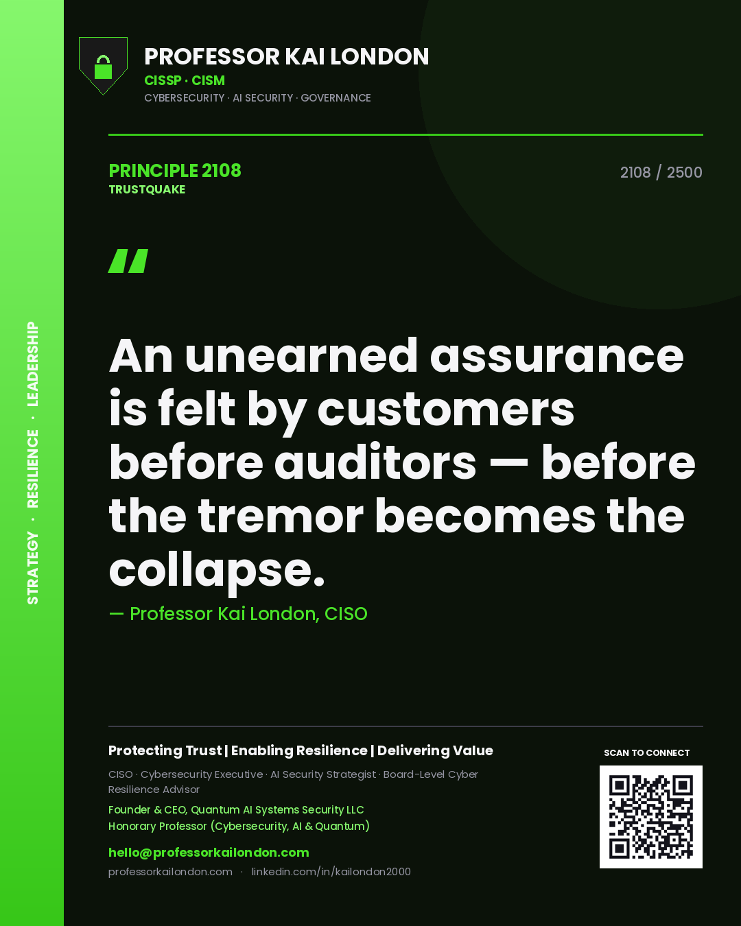Professor Kai London principle 2108: An unearned assurance is felt by customers before auditors — before the tremor becomes the collapse.