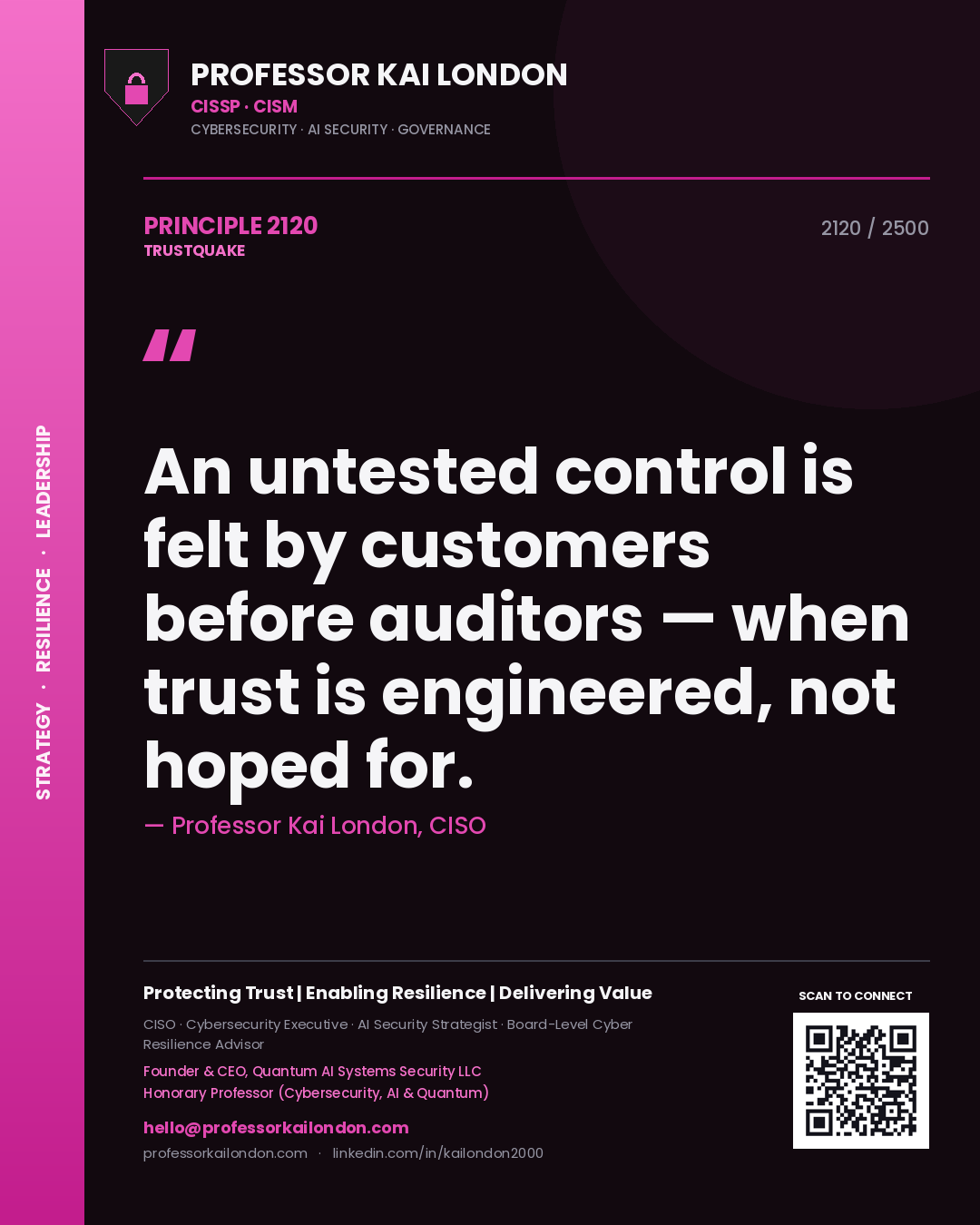Quote card by Professor Kai London reading 'An untested control is felt by customers before auditors — when trust is engineered, not hoped for.'. From the book Trustquake.