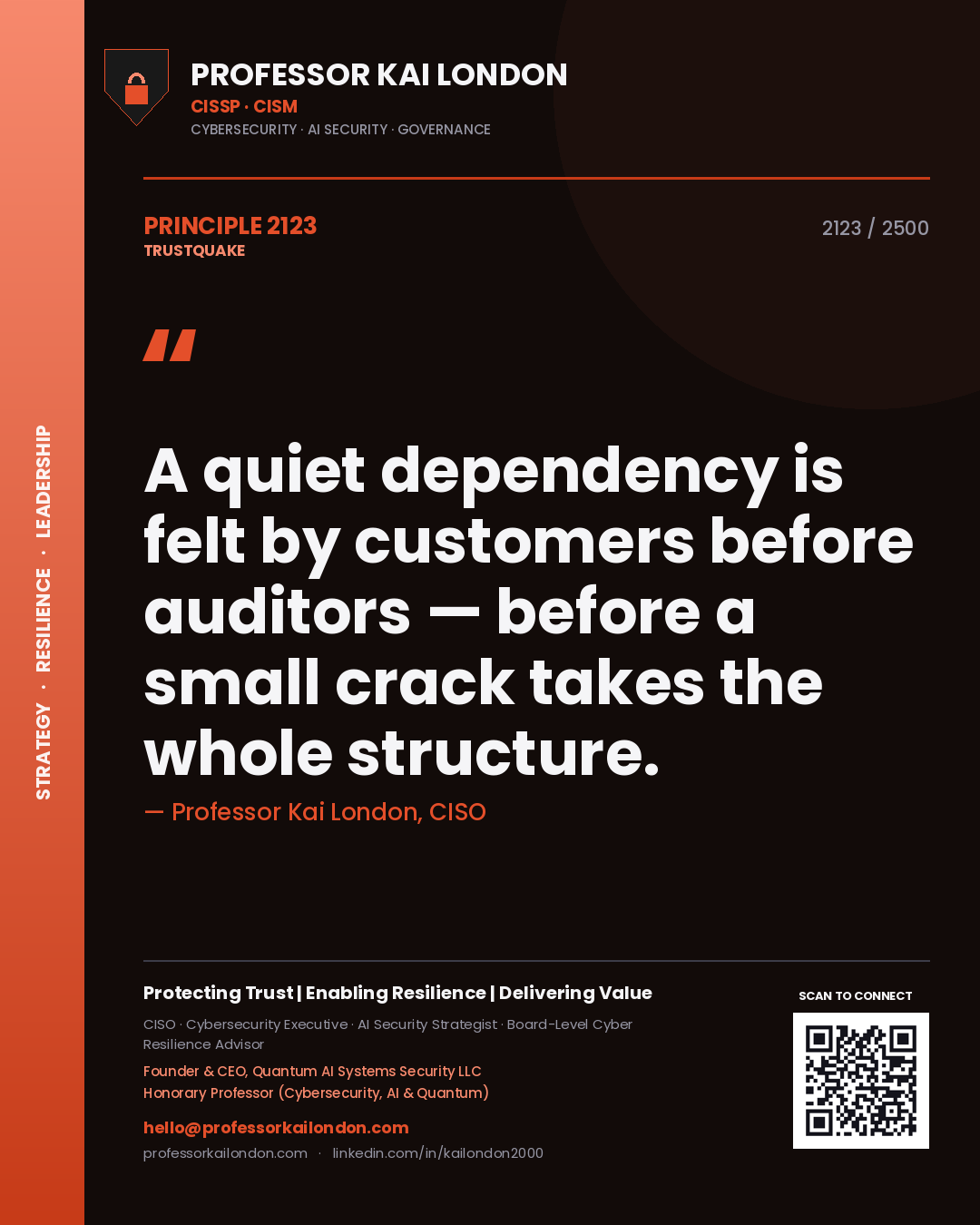 Quote card by Professor Kai London reading 'A quiet dependency is felt by customers before auditors — before a small crack takes the whole structure.'. From the book Trustquake.