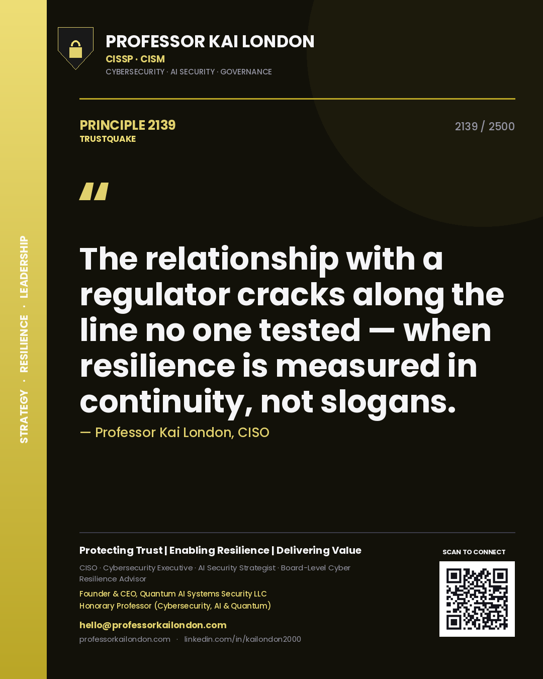 Professor Kai London principle 2139: The relationship with a regulator cracks along the line no one tested — when resilience is measured in continuity, not slogans.