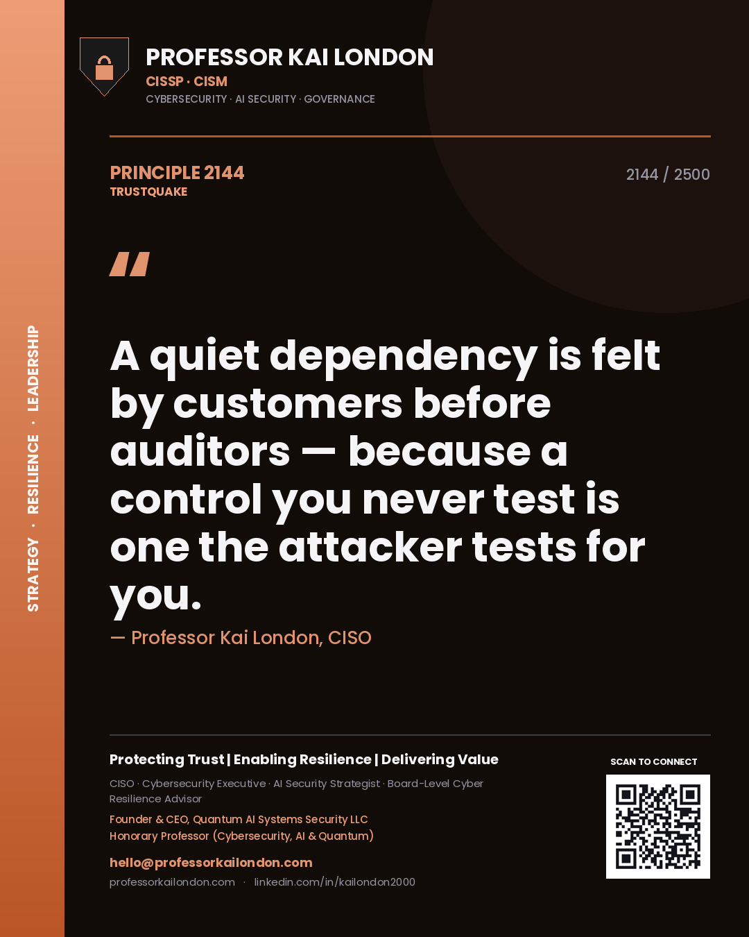 Quote card by Professor Kai London reading 'A quiet dependency is felt by customers before auditors — because a control you never test is one the attacker tests for you.'. From the book Trustquake.