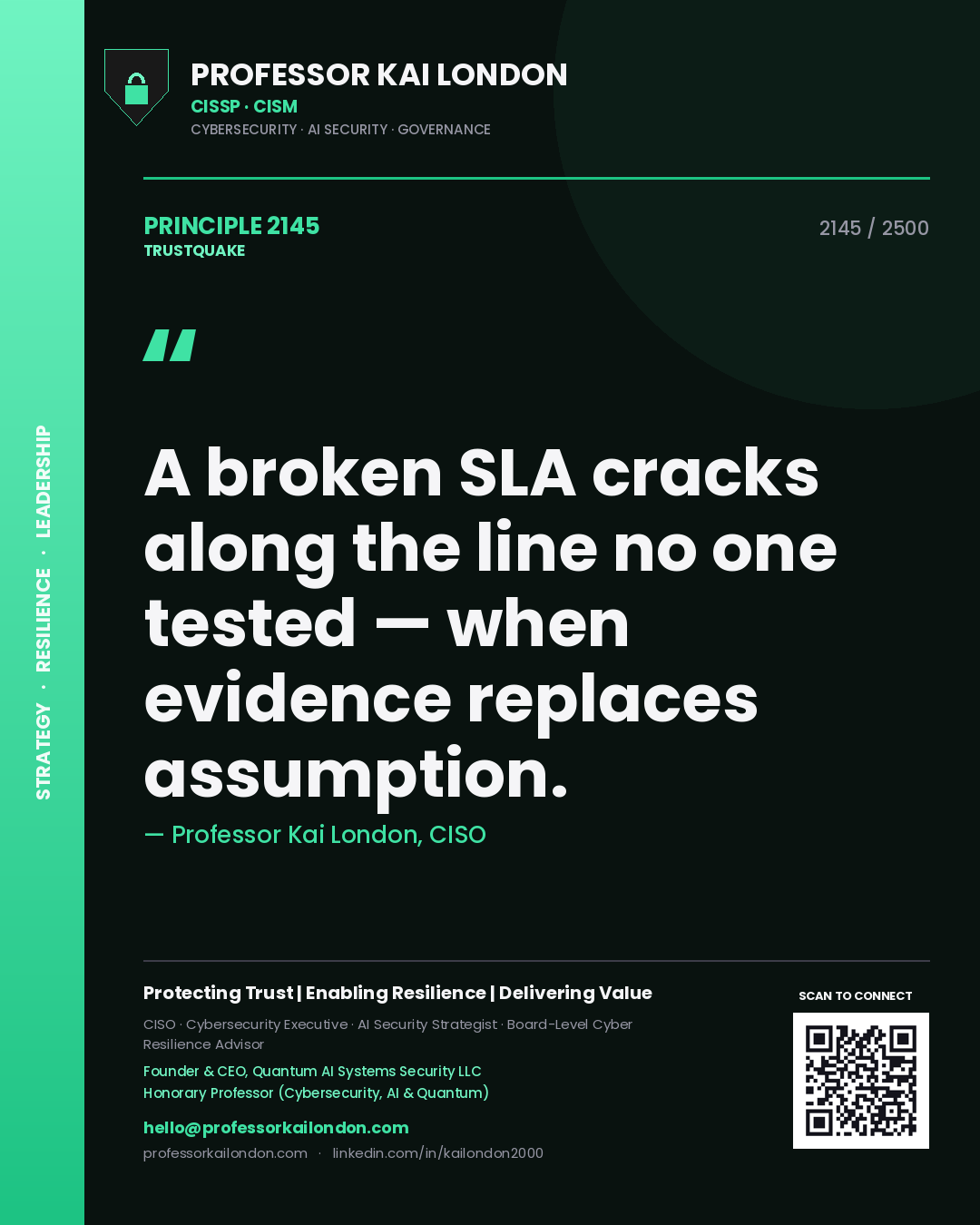 Quote card by Professor Kai London reading 'A broken SLA cracks along the line no one tested — when evidence replaces assumption.'. From the book Trustquake.