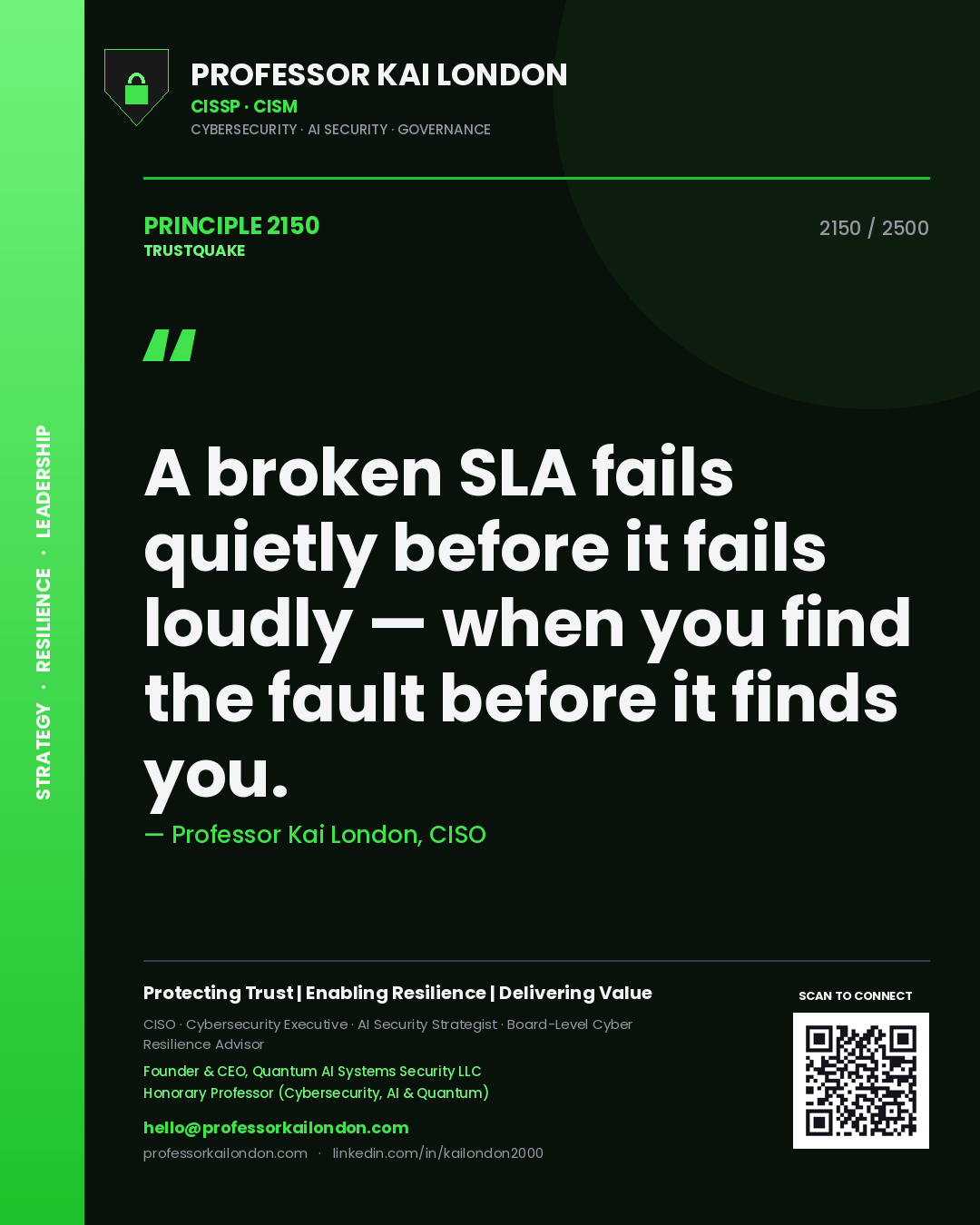 Professor Kai London principle 2150: A broken SLA fails quietly before it fails loudly — when you find the fault before it finds you.