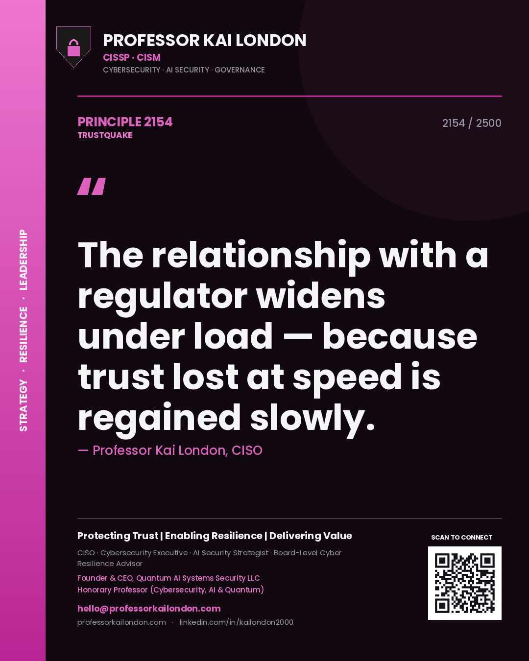 Quote card by Professor Kai London reading 'The relationship with a regulator widens under load — because trust lost at speed is regained slowly.'. From the book Trustquake.