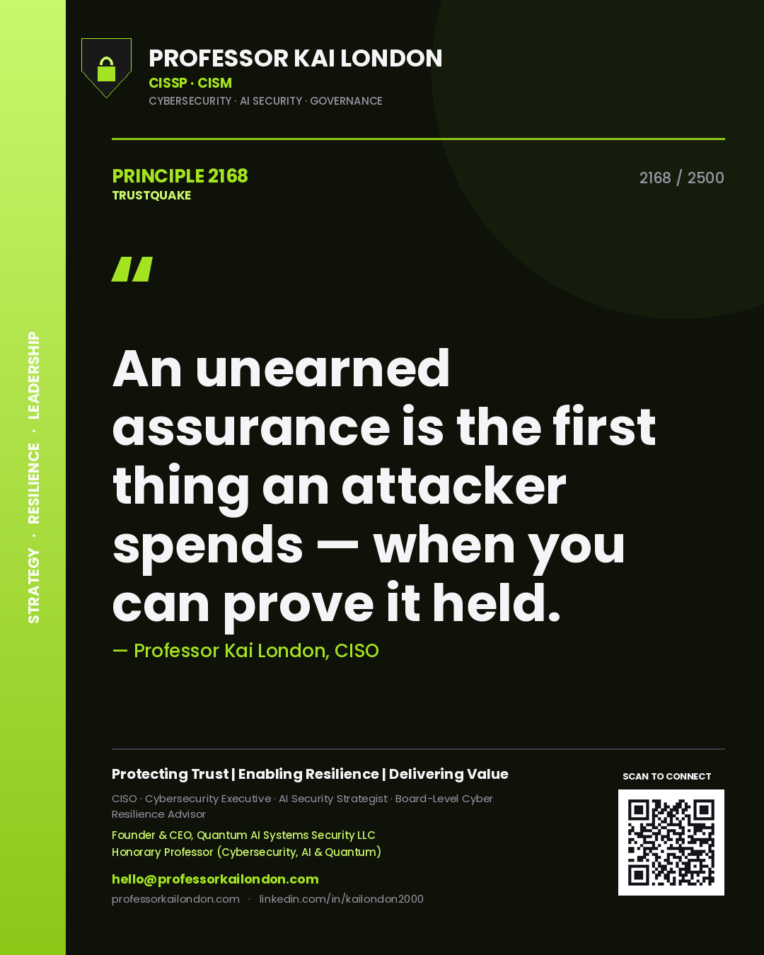 Quote card by Professor Kai London reading 'An unearned assurance is the first thing an attacker spends — when you can prove it held.'. From the book Trustquake.