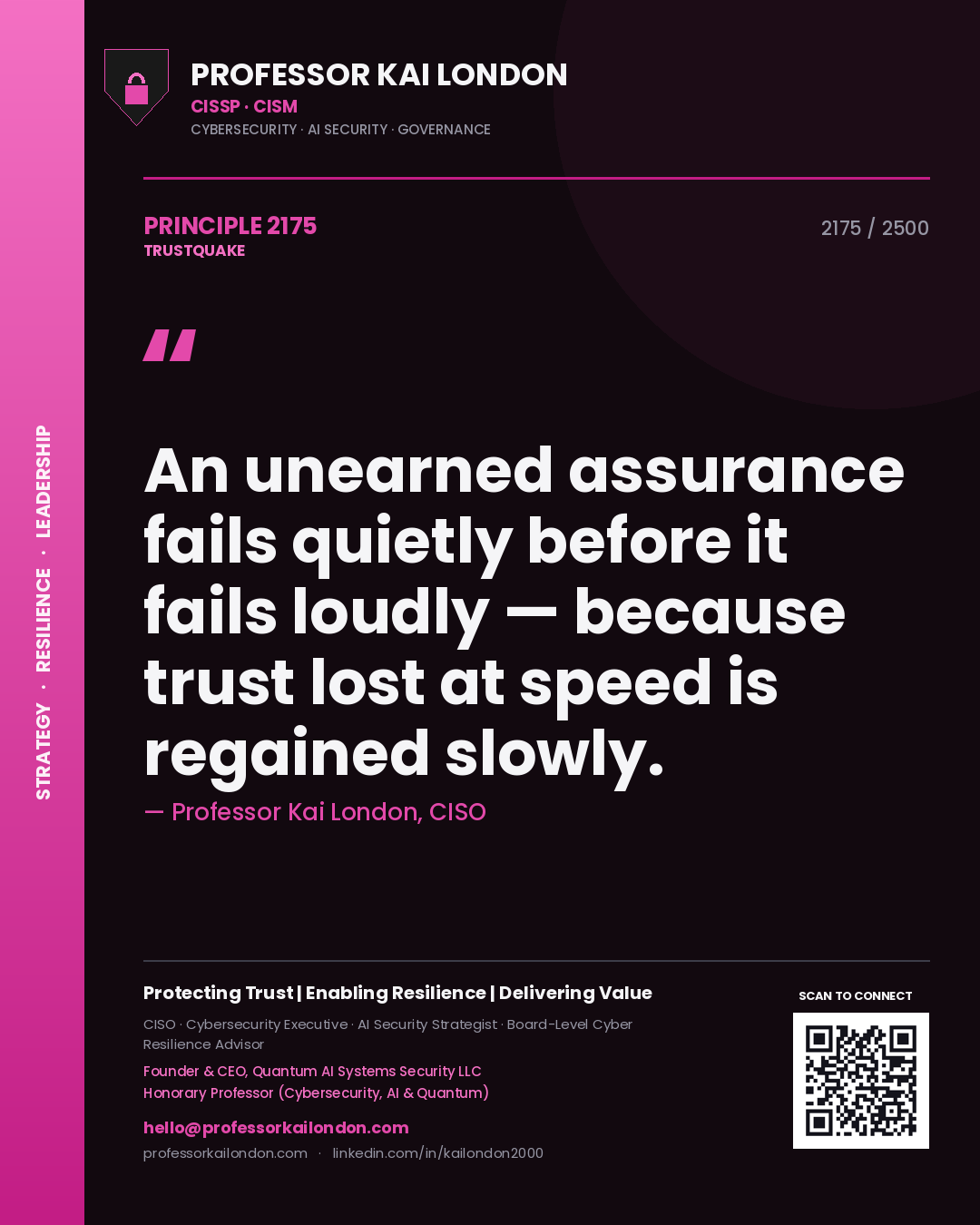 Quote card by Professor Kai London reading 'An unearned assurance fails quietly before it fails loudly — because trust lost at speed is regained slowly.'. From the book Trustquake.