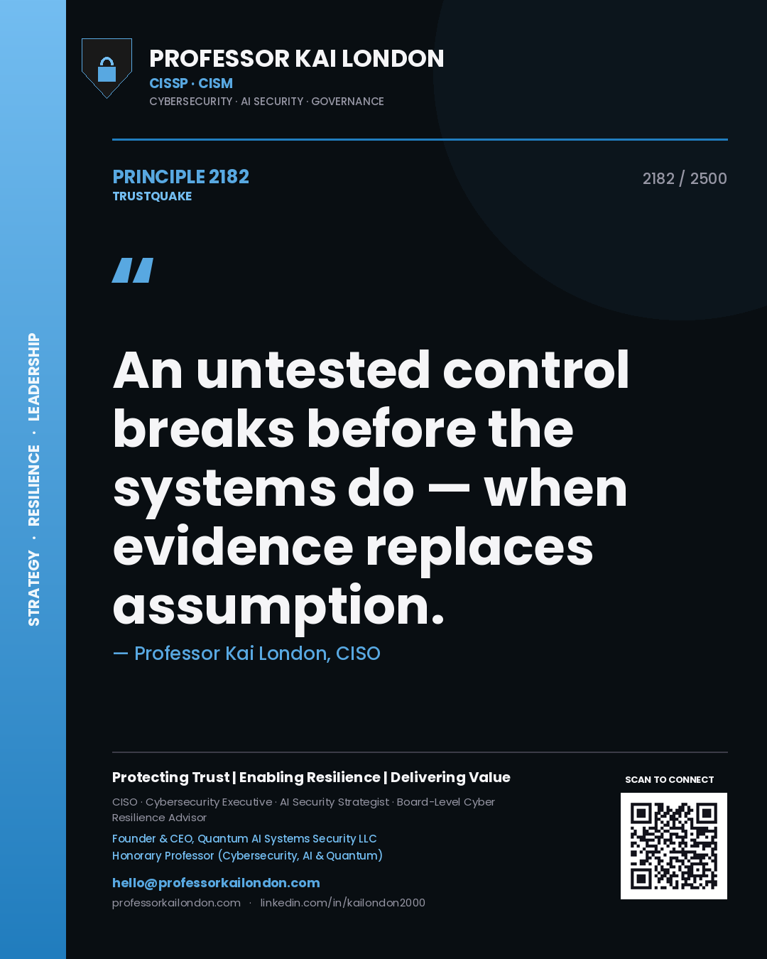 Quote card by Professor Kai London reading 'An untested control breaks before the systems do — when evidence replaces assumption.'. From the book Trustquake.