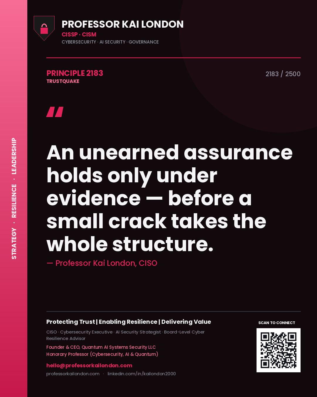 Quote card by Professor Kai London reading 'An unearned assurance holds only under evidence — before a small crack takes the whole structure.'. From the book Trustquake.